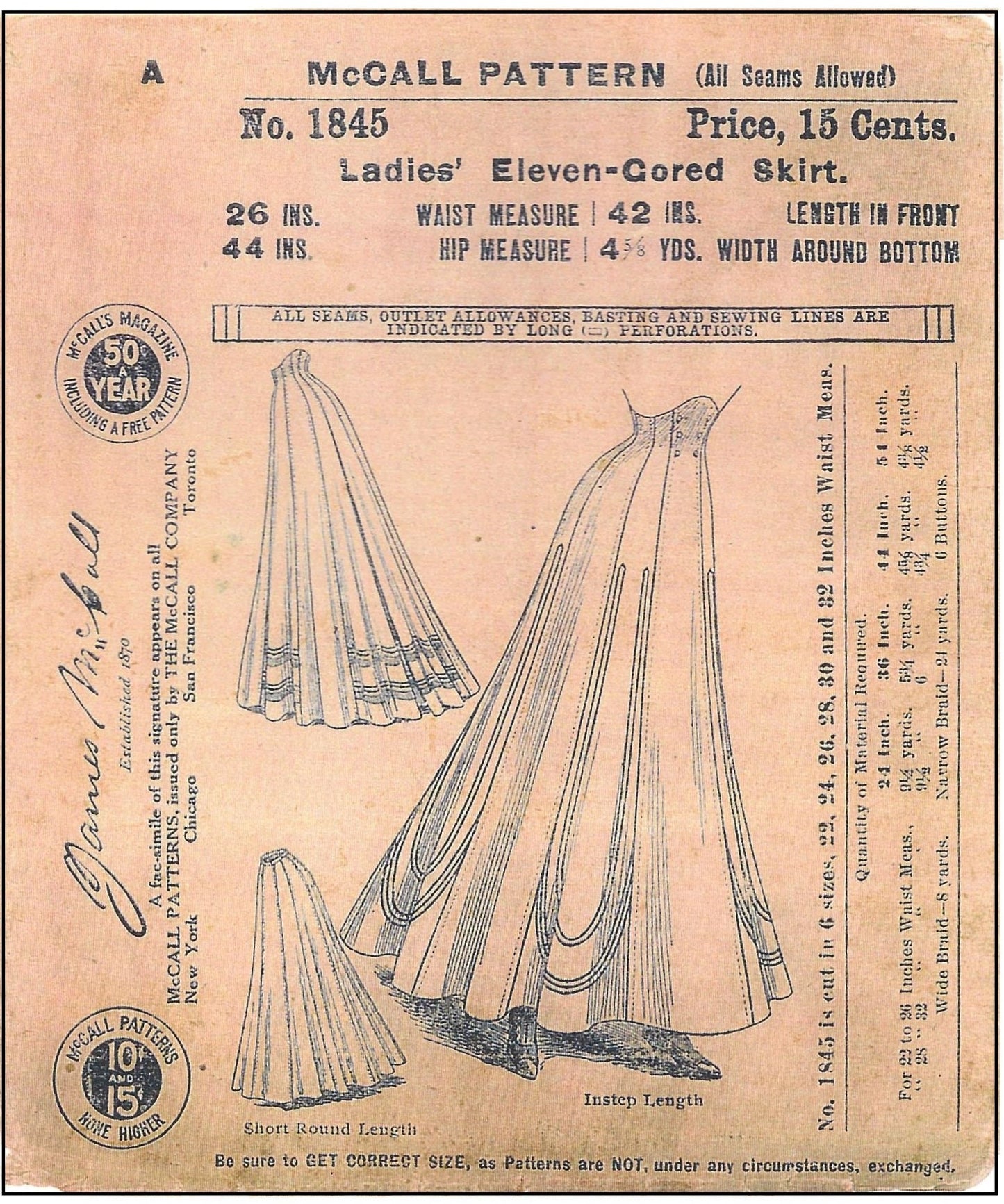 1910 Ladies Eleven-Gored Skirt - Edwardian Skirt - Pattern #E1845 - 26 Inch Waist