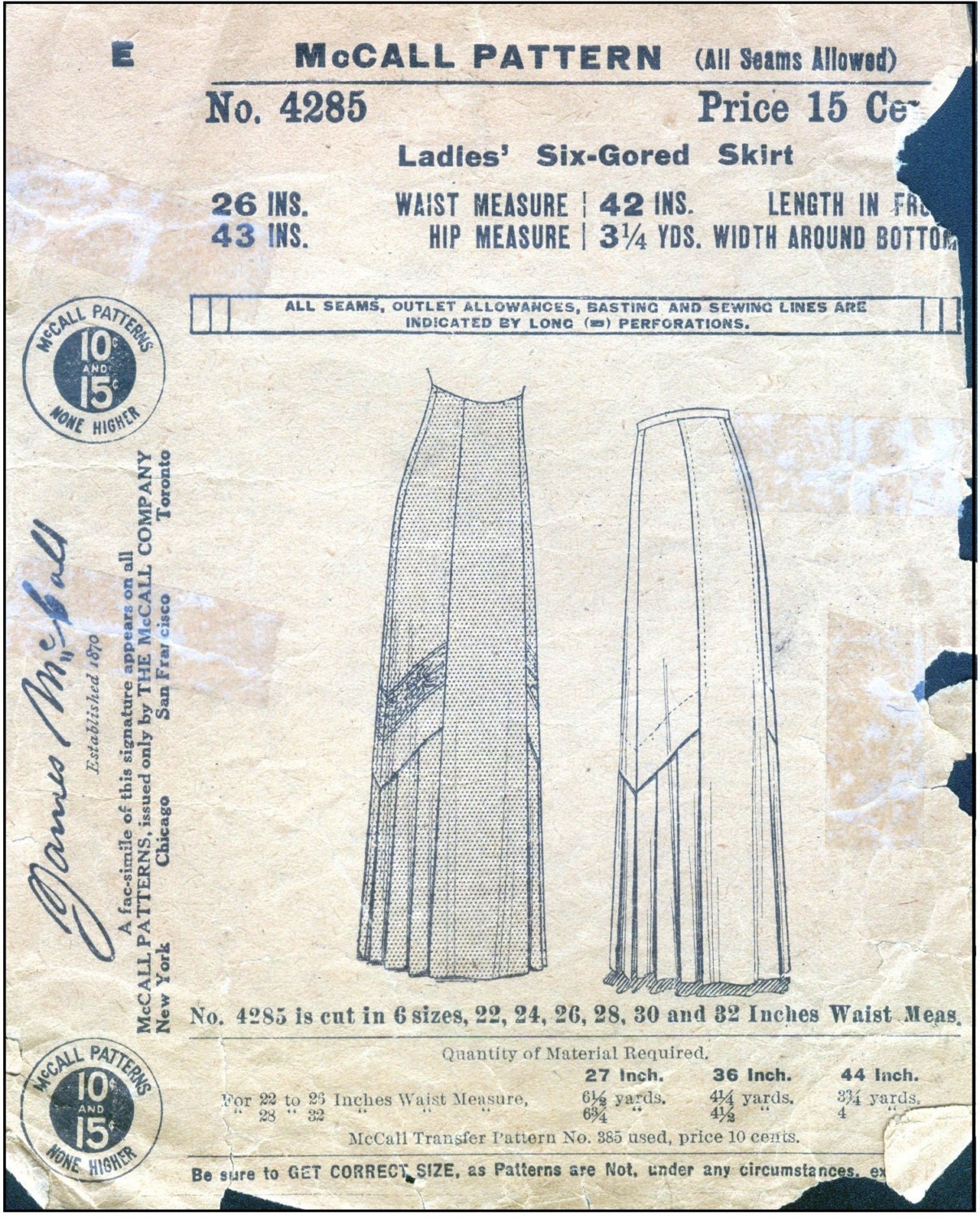 1900s Ladies Six Gored Skirt with Pleated Insets - 1908 Pattern #E4285 - 30 Inch Waist