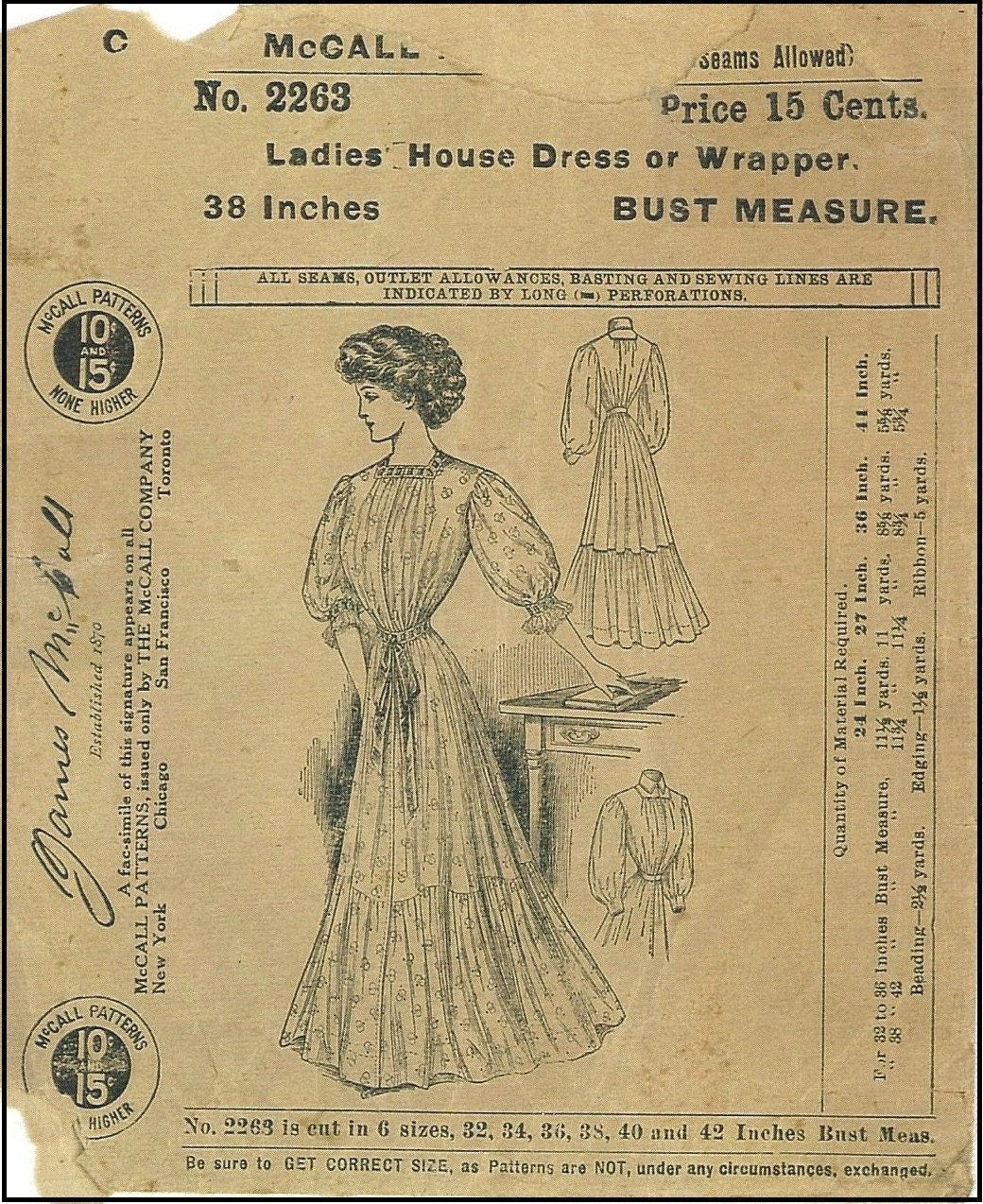 1900s Ladies House Dress or Wrapper - 1908 Pattern #E2263 - 38 Inch Bust