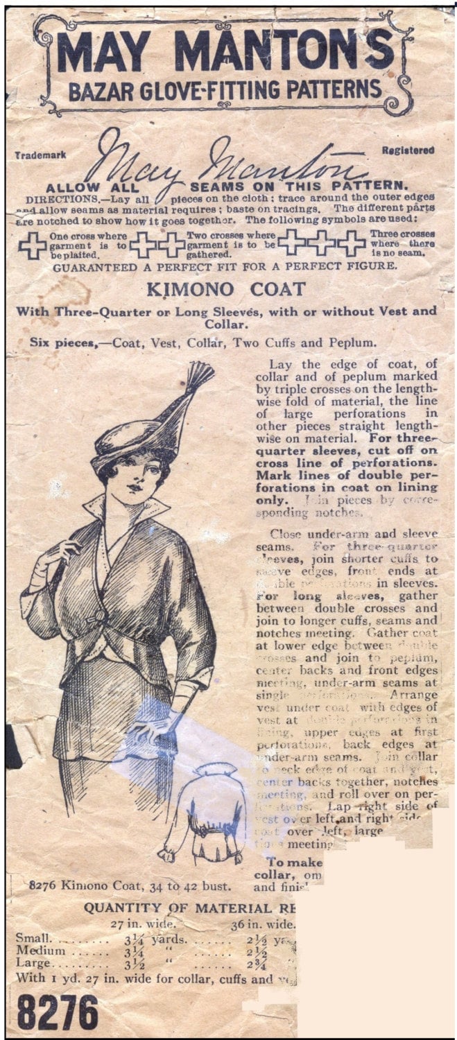 1910s Ladies Kimono Coat With Vestee - 1914 Pattern #E8276 - 38 Inch Bust