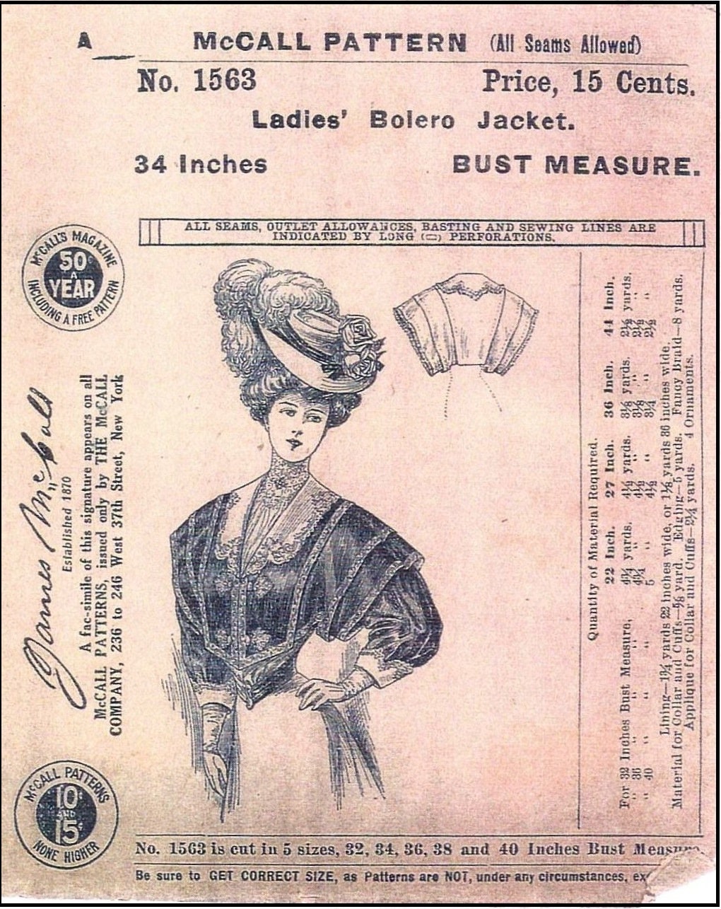 1900s Ladies Bolero Jacket - 1901 Pattern #E1563 - 34 Inch Bust