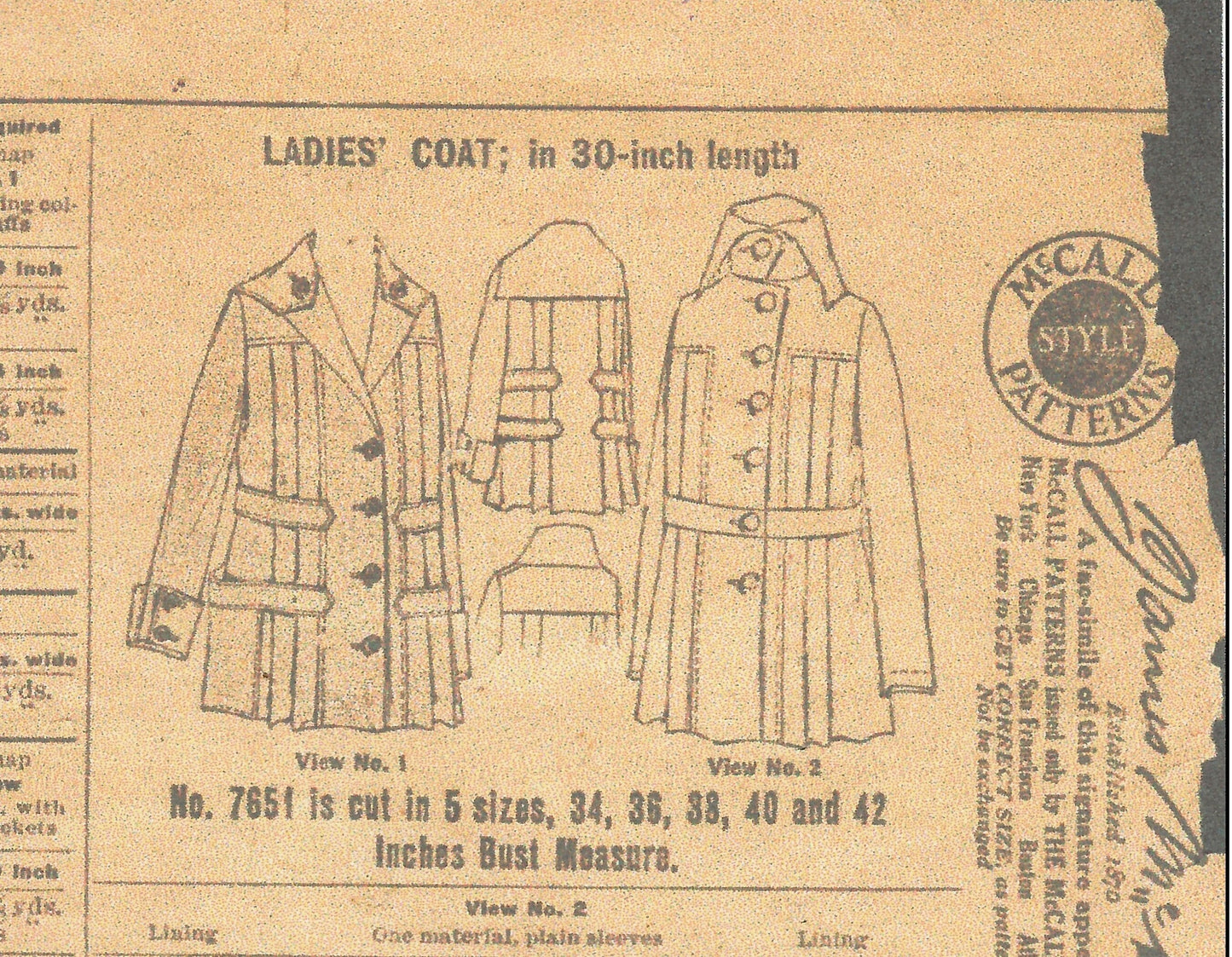 1910s Ladies Pleated Coat with Belt Options - 1917 Pattern #E7651 - 34 Inch Bust - WWI - Suffragette