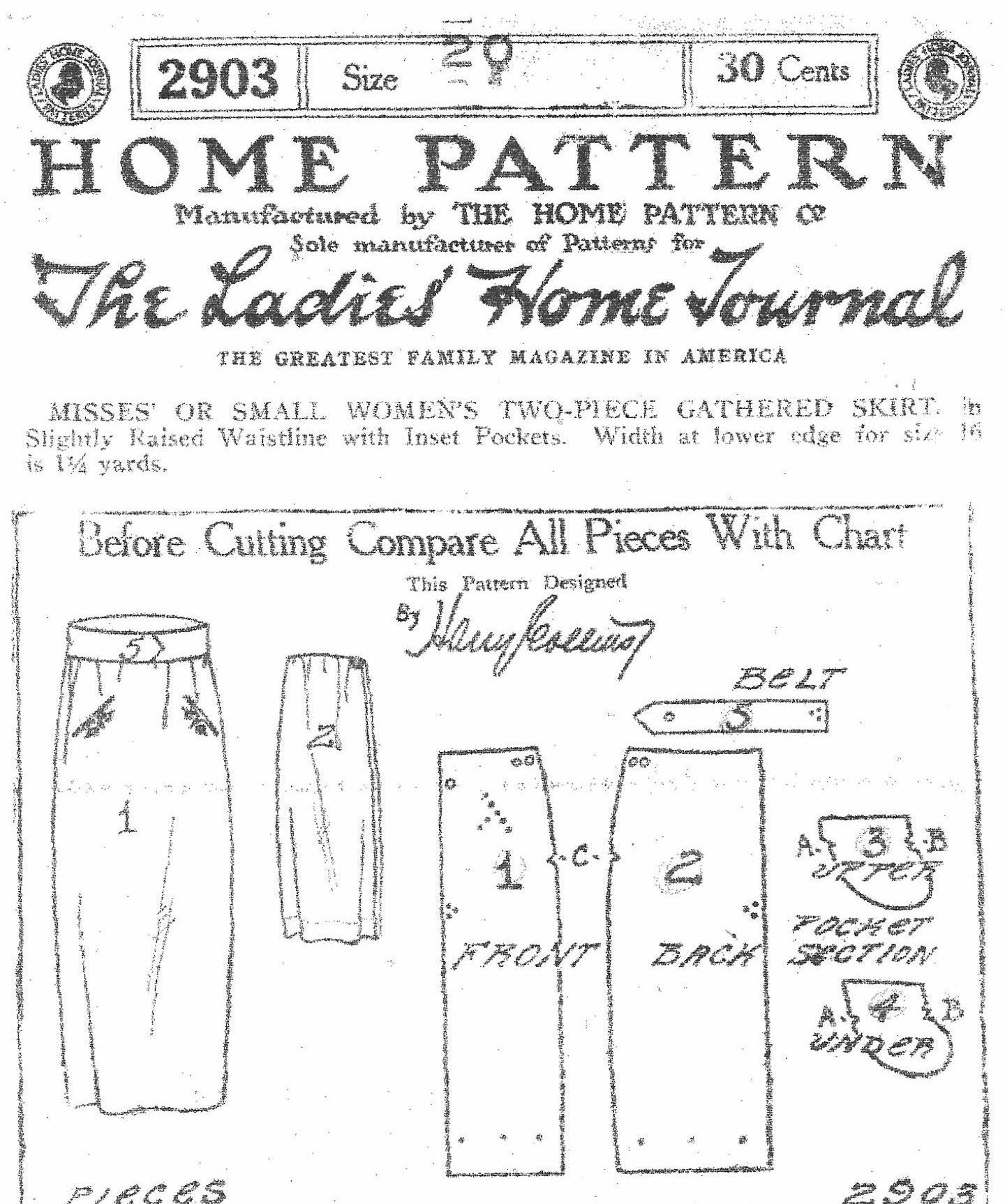1910s Ladies Two-Piece Skirt with Welt Type Pocket Detailing - 1919 Pattern #E2903 - 26 Inch Waist - YOUNG MISS/PETITE