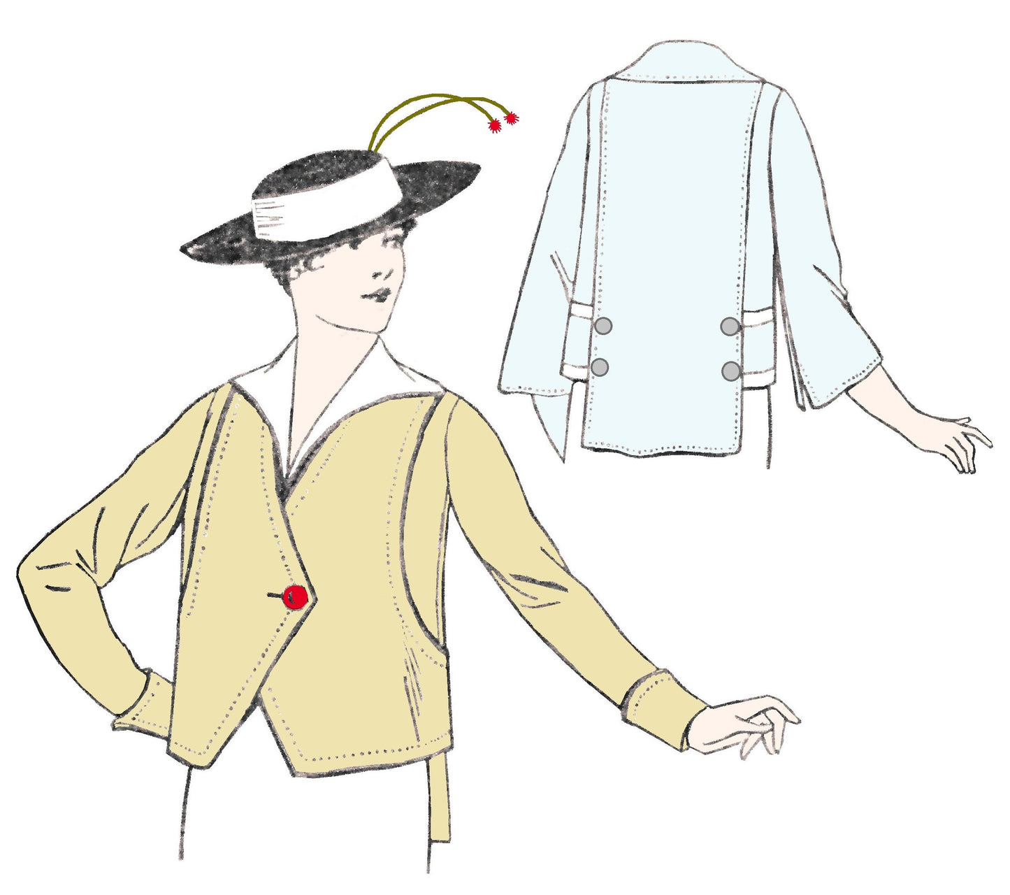1910s Ladies Belted Jacket With Sleeve Options - 1915 Pattern #E6080 - 34 Inch Bust