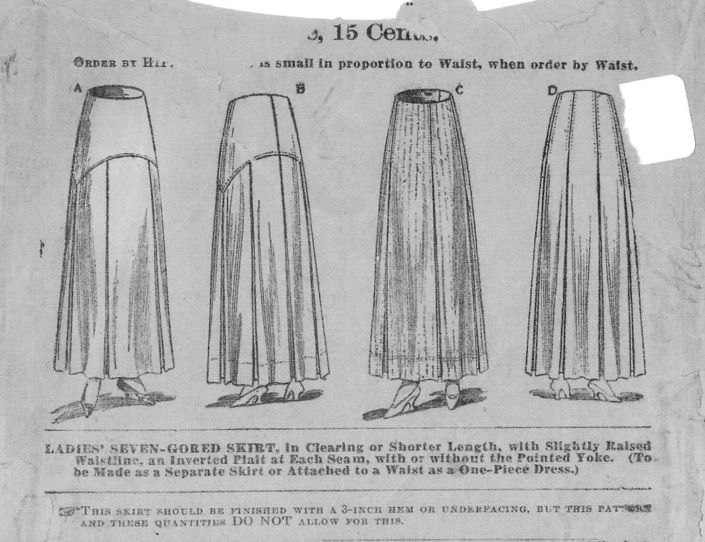 1910s Ladies Seven Gored Pleated Skirt with Optional Yoke - 1915 Late Edwardian Pattern #E7396 - 34 Inch Waist