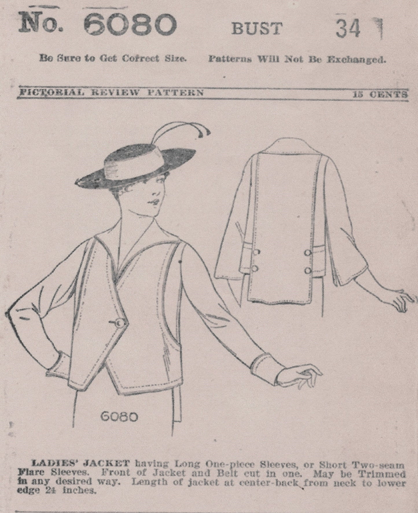 1910s Ladies Belted Jacket With Sleeve Options - 1915 Pattern #E6080 - 34 Inch Bust