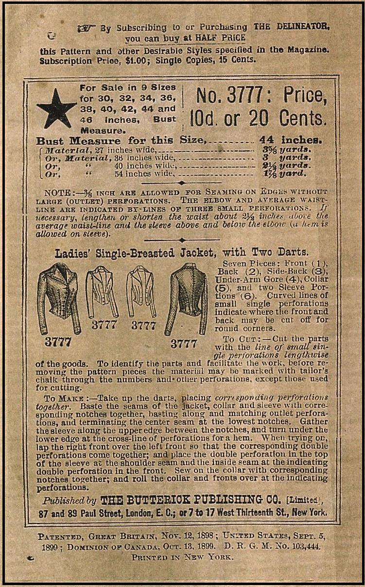 1900 Ladies Single-Breasted Jacket - Victorian Era - Belle Epoque - Pattern #E3777 - 44 Inch Bust