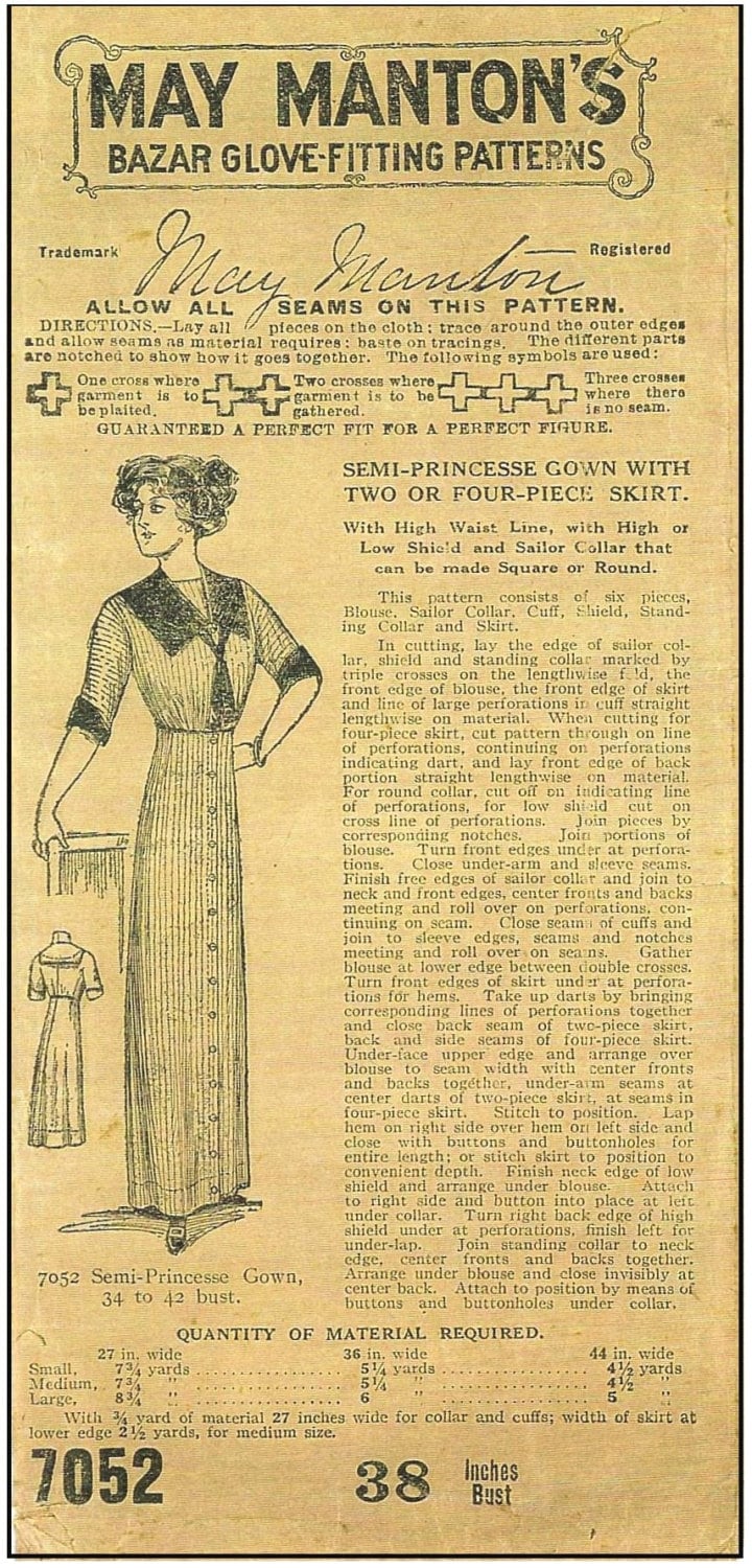 1910s Ladies Semi-Princess Dress - 1912 Pattern #E7052 - 38 Inch Bust