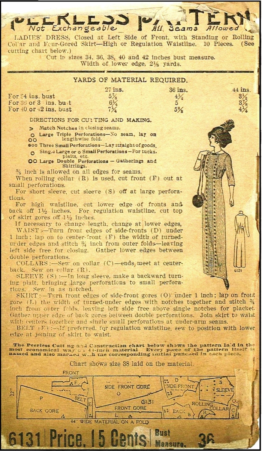 1910s Ladies Dress with Four Gore Skirt - 1912 Pattern #E6131 - 36 Inch Bust
