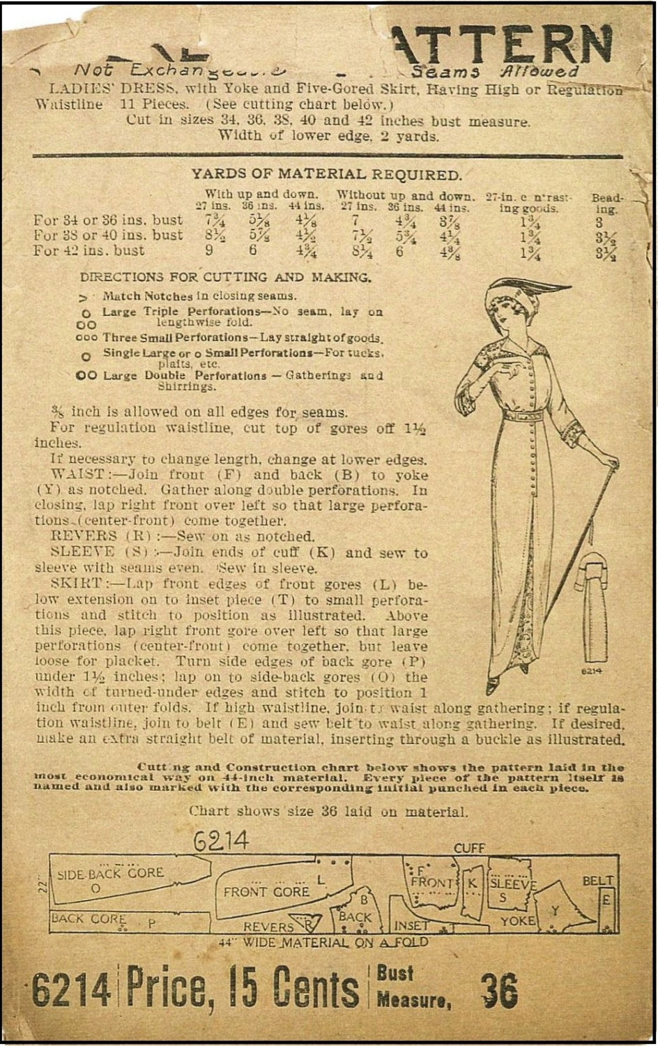 1910s Ladies Dress with Yoke - 1912 Pattern #E6214 - 36 Inch Bust