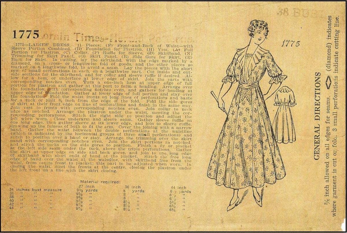 1910s Ladies Dress With Ruffled Lapels - 1915 Pattern #E1775 - 38 Inch Bust