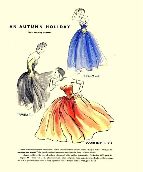 1950s Ladies Formal Dress or Gown - Reproduction 1951 Sewing Pattern #F7413 - 32 Inch Bust