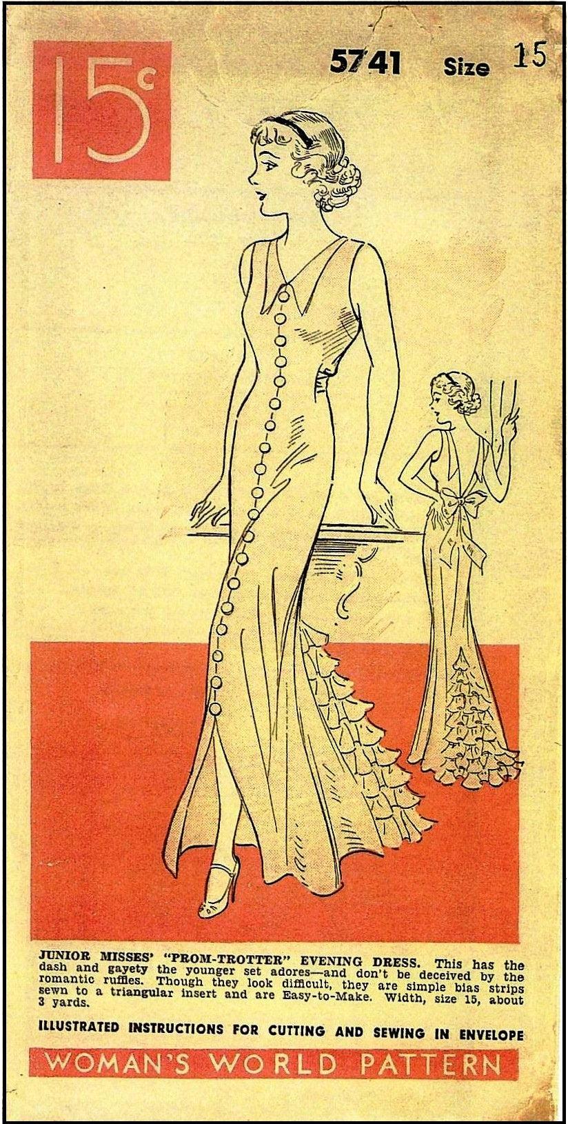 1930s Junior Miss Prom-Trotter Evening Gown - INSTANT DOWNLOAD - Reproduction 1935 Sewing Pattern #T5741 - 35 Inch Bust -PDF - Print At Home