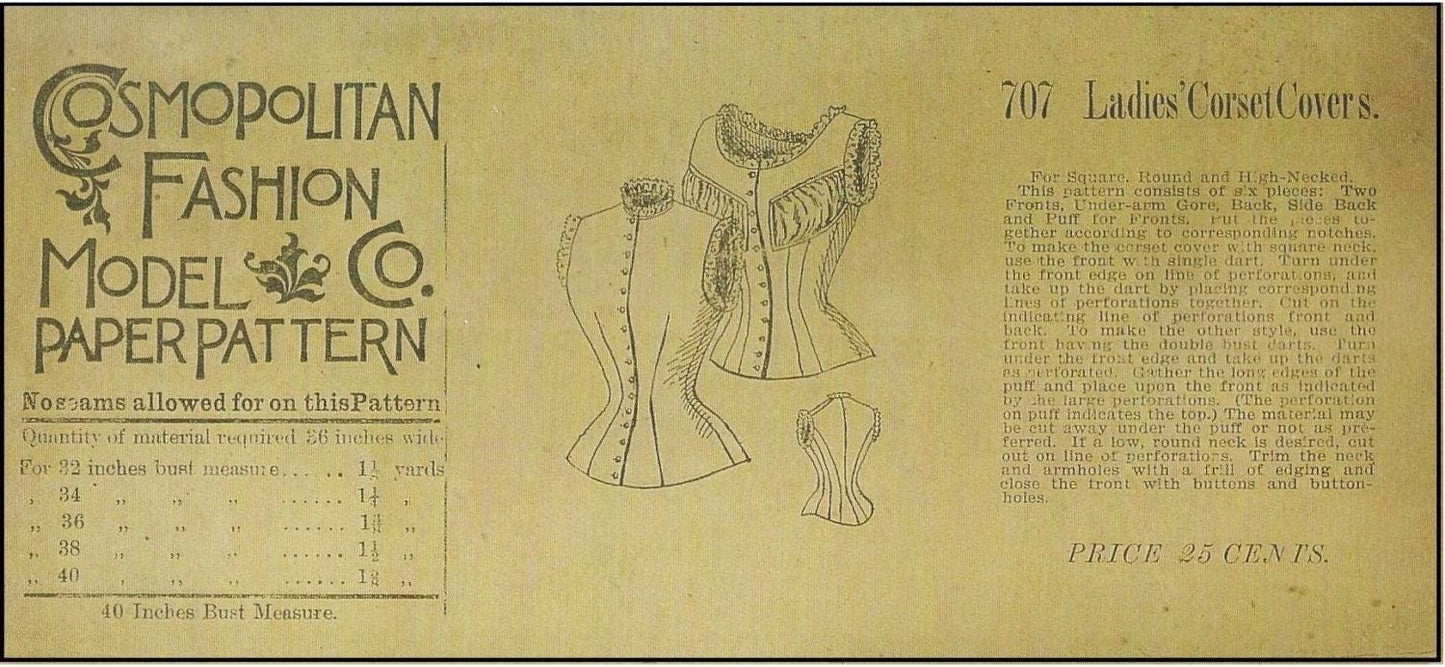 1890s Corset Cover with Optional Bust Puff Padding - 1897 Reproduction Pattern #e0707 - Instant Download -40 Inch Bust - Print At Home