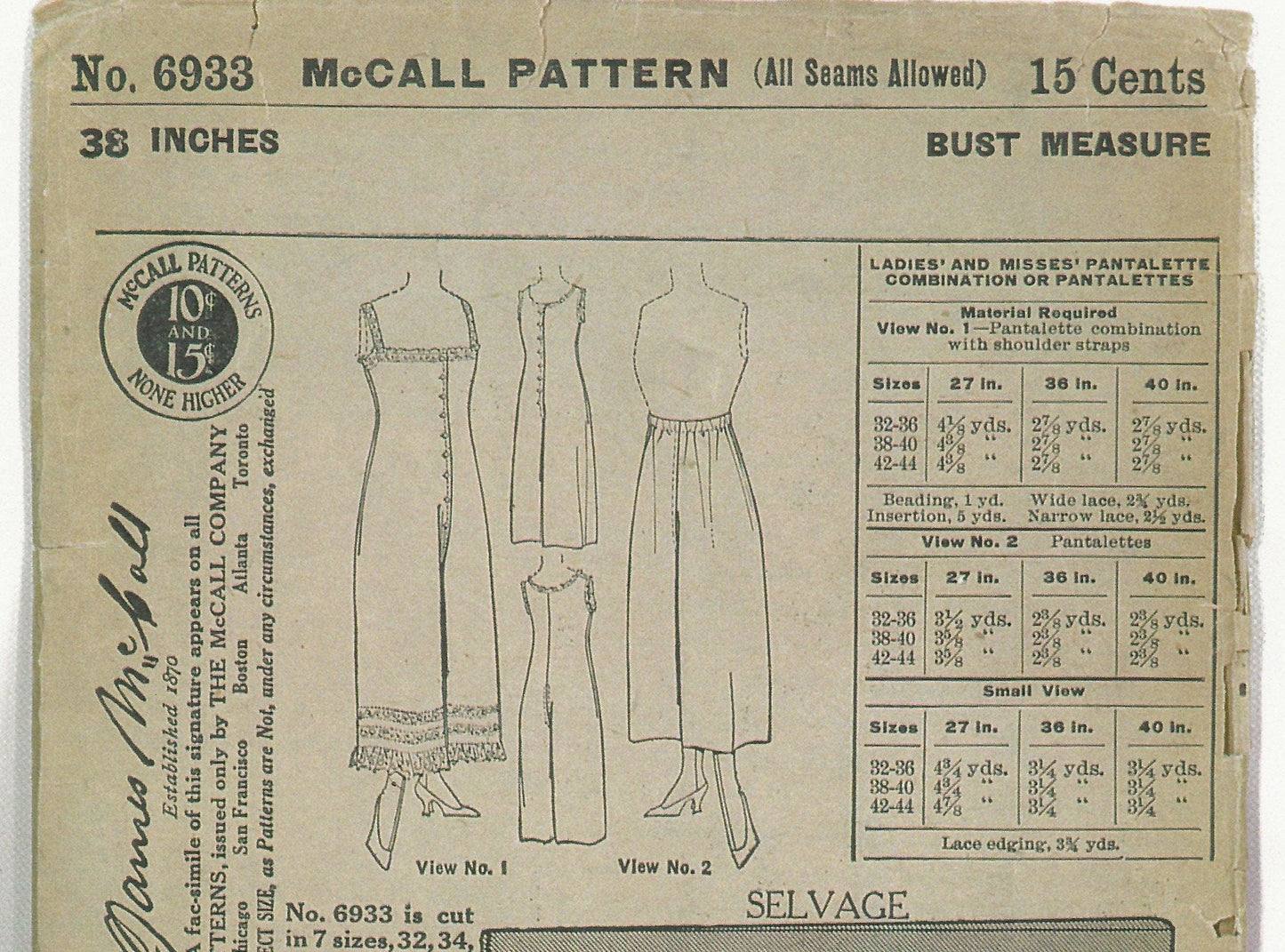 1915 Ladies Pantalettes or Combination Undergarment - PDF - INSTANT DOWNLOAD -Pattern #E6933 - 38 Inch Bust