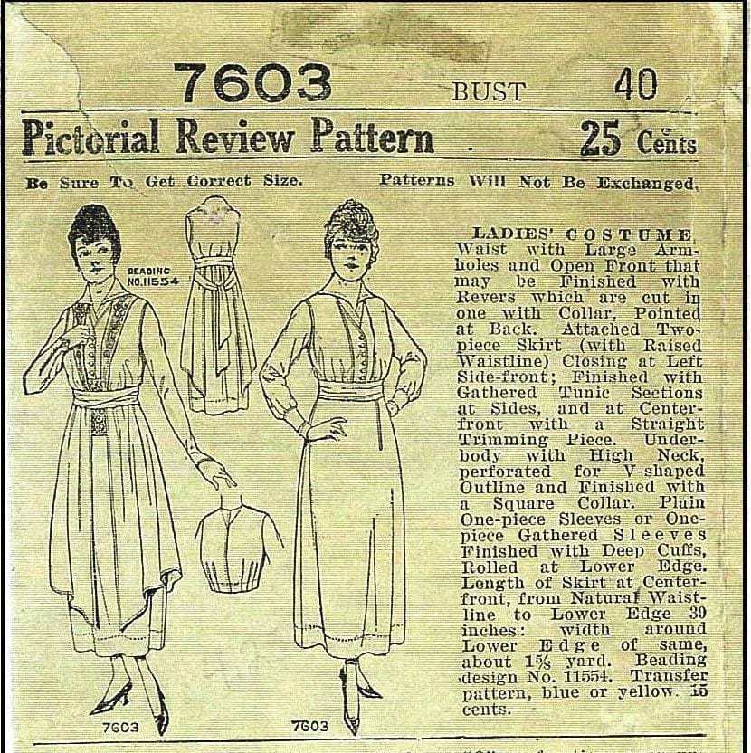 1918 Late Edwardian Dress With Plain or Skirted Tunic -INSTANT DOWNLOAD- Pattern #E7603 -36 Inch Bust- PDF-Print At Home