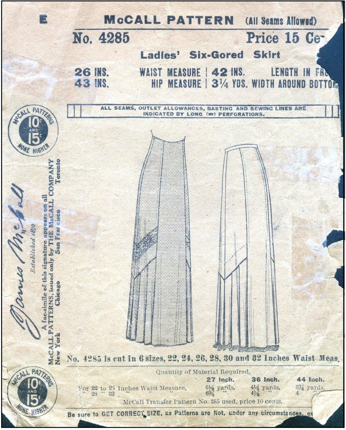 1908 Ladies Six Gored Skirt with Pleated Insets - INSTANT DOWNLOAD - Pattern #E4285 - 30 Inch Waist -PDF- Print At Home