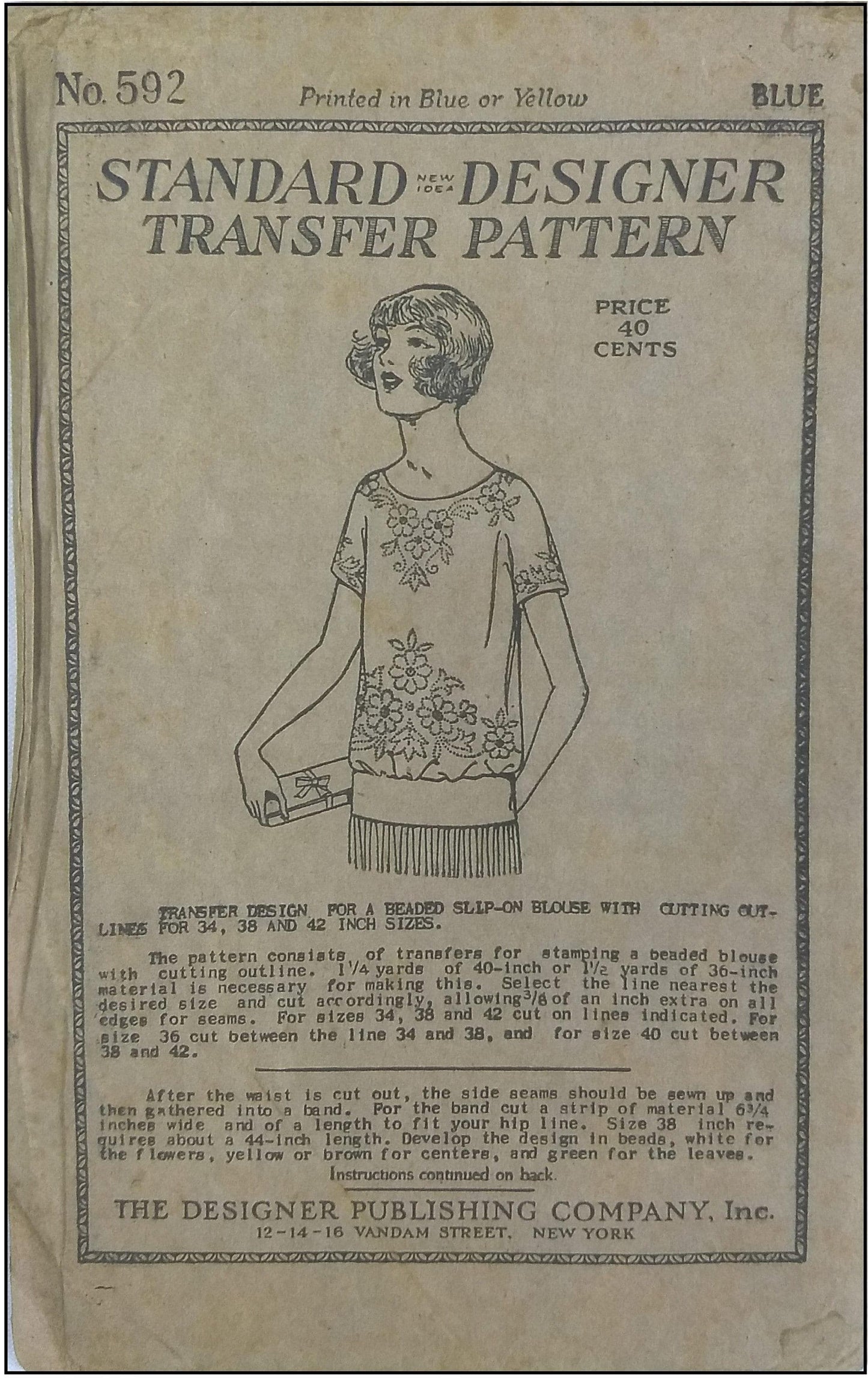 1920s Ladies Beaded Blouse with Floral Motif - INSTANT DOWNLOAD - Reproduction Pattern #N0592 - Multi-sized 34" to 42" Bust - Print At Home