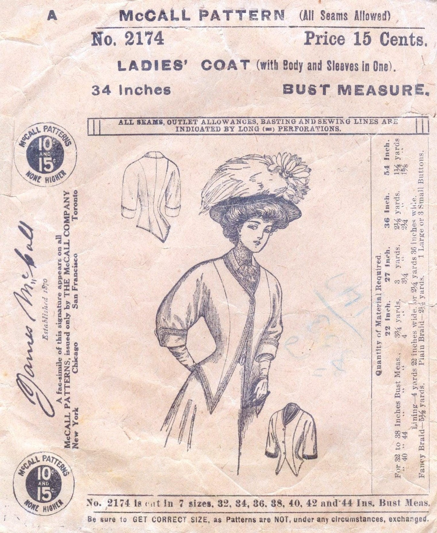 1908 Ladies Coat With Body And Sleeves In One - PDF - INSTANT DOWNLOAD - Pattern #E2174 - Edwardian Fashion - 34 Inch Bust