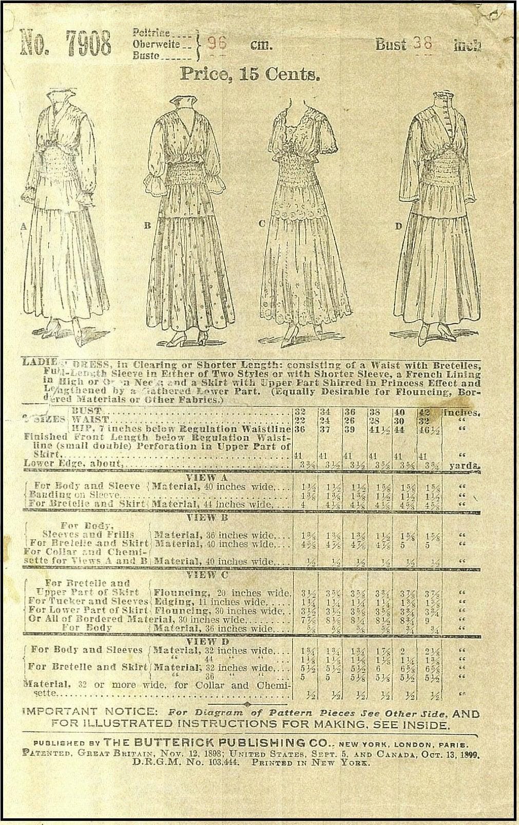 1910s Ladies Shirred Dress With Bretelles In Clearing Length - 1915-16 Pattern #E7908 - 38 Inch Bust