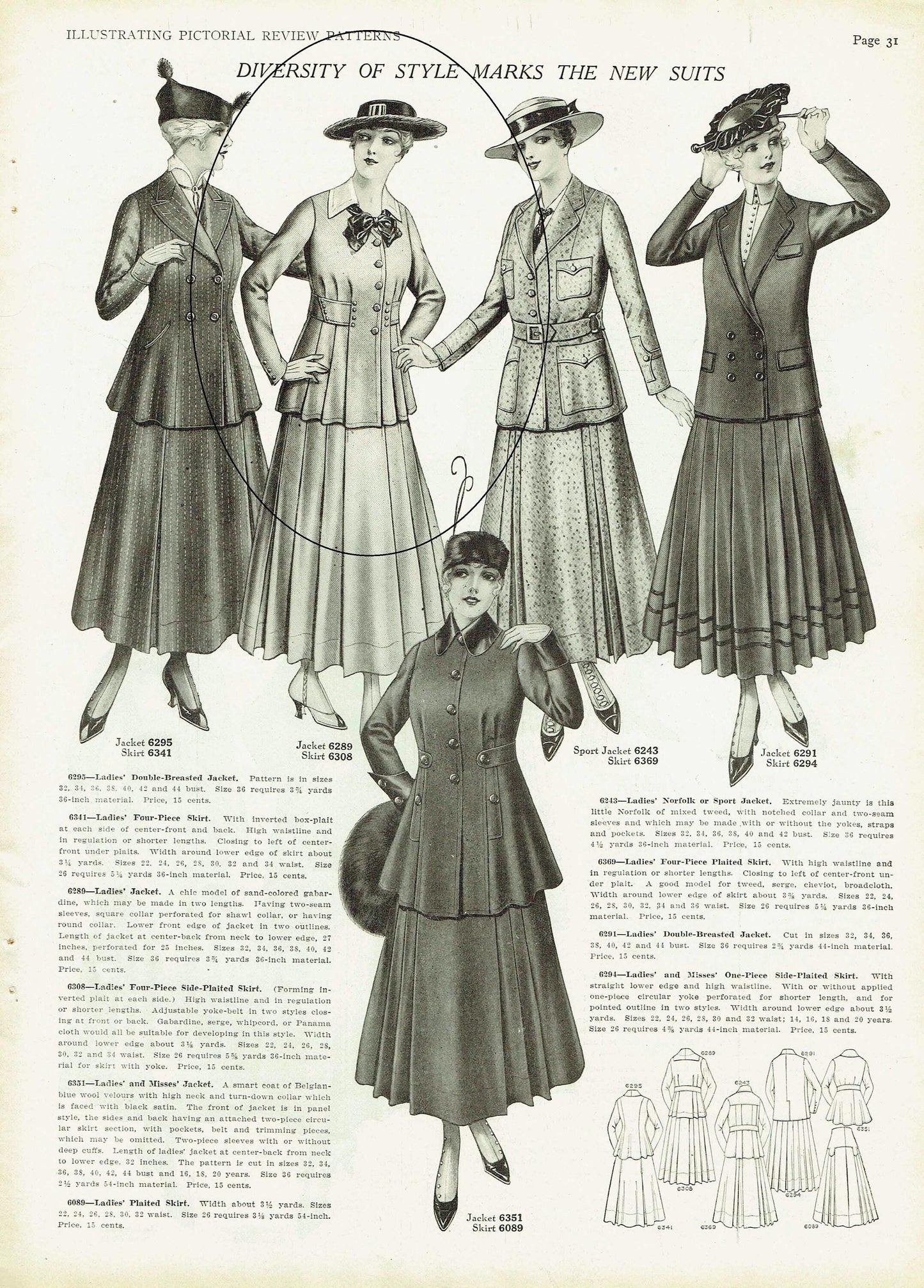 1910s Ladies Belted Jacket In Two Lengths With Collar Options - 1915 Pattern #E6289 - 40 Inch Bust