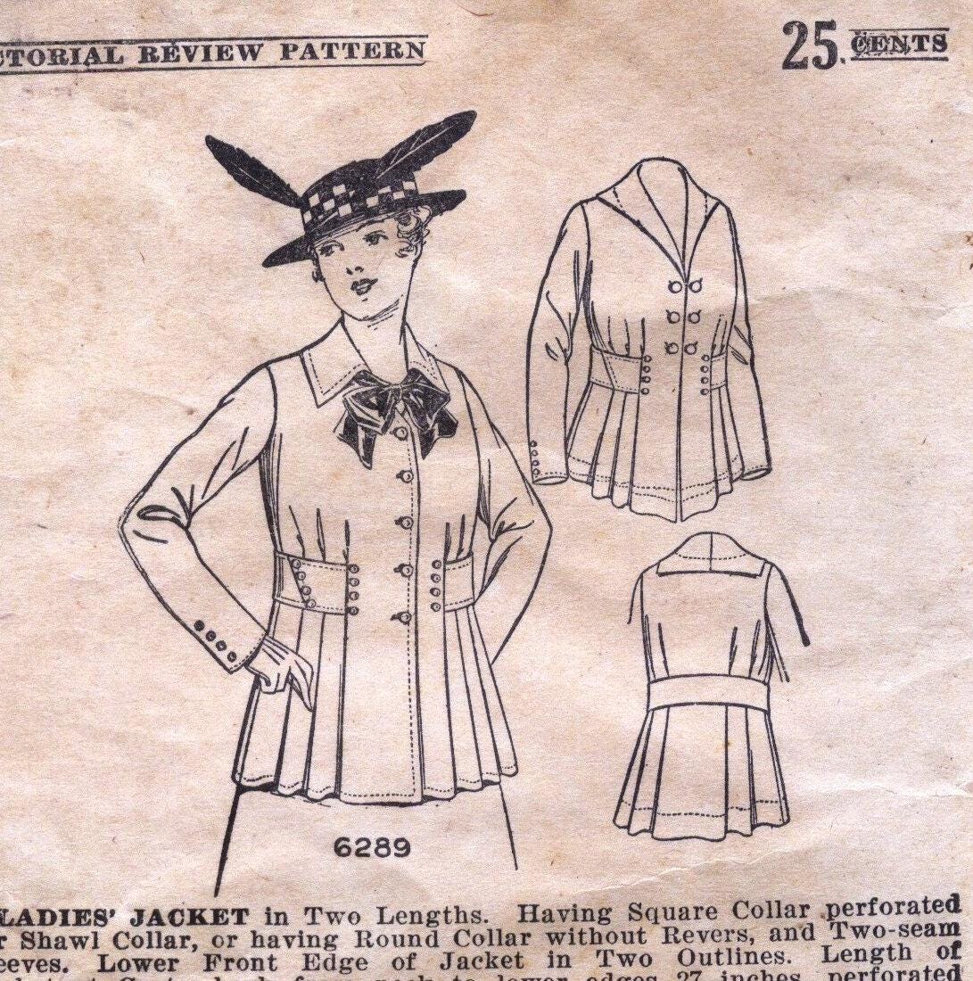 1910s Ladies Belted Jacket In Two Lengths With Collar Options - 1915 Pattern #E6289 - 40 Inch Bust
