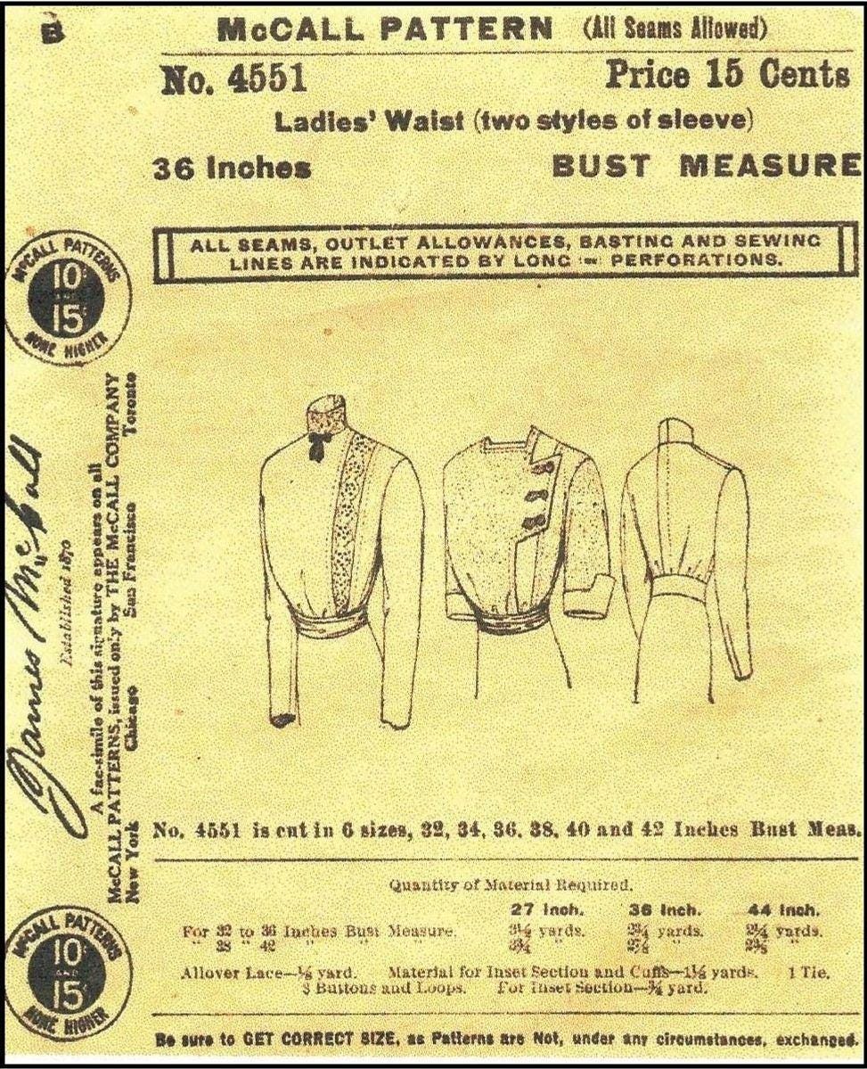 1910 Ladies Waist With Side Closure - Pattern #E4551 - 36 Inch Bust