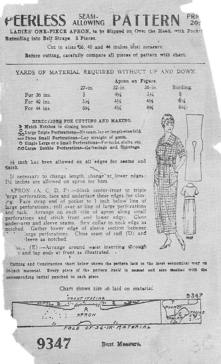 1910s One Piece Slip On Apron Dress - 1918 Pattern #E9347 - 36 Inch Bust