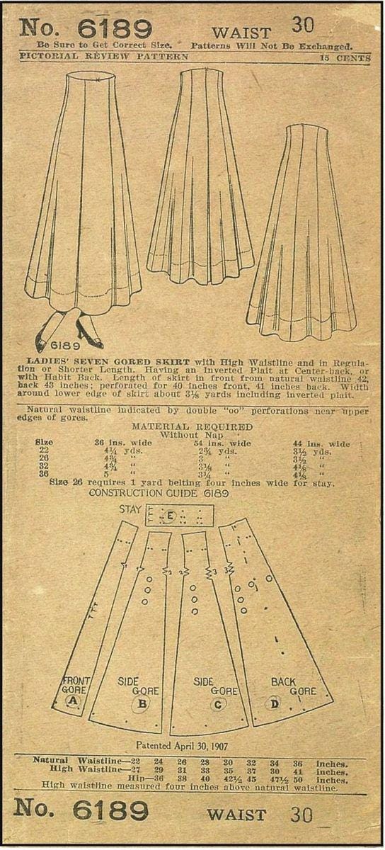 1910s Ladies Seven Gored Skirt - 1918 Pattern #E6189 - 30 Inch Waist