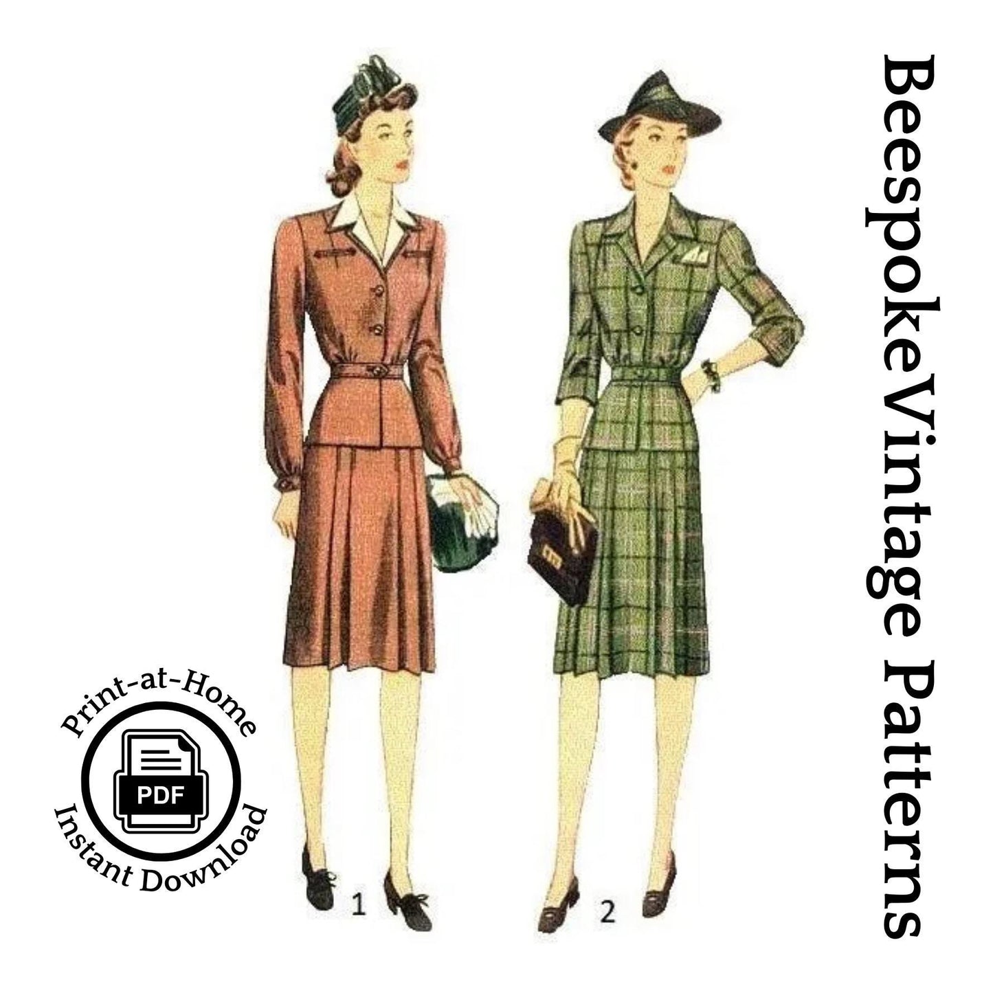 1940s Ladies Two Piece Suit Dress - INSTANT DOWNLOAD - Reproduction 1942 Sewing Pattern #F4385 - 38 Inch Bust - PDF - Print At Home