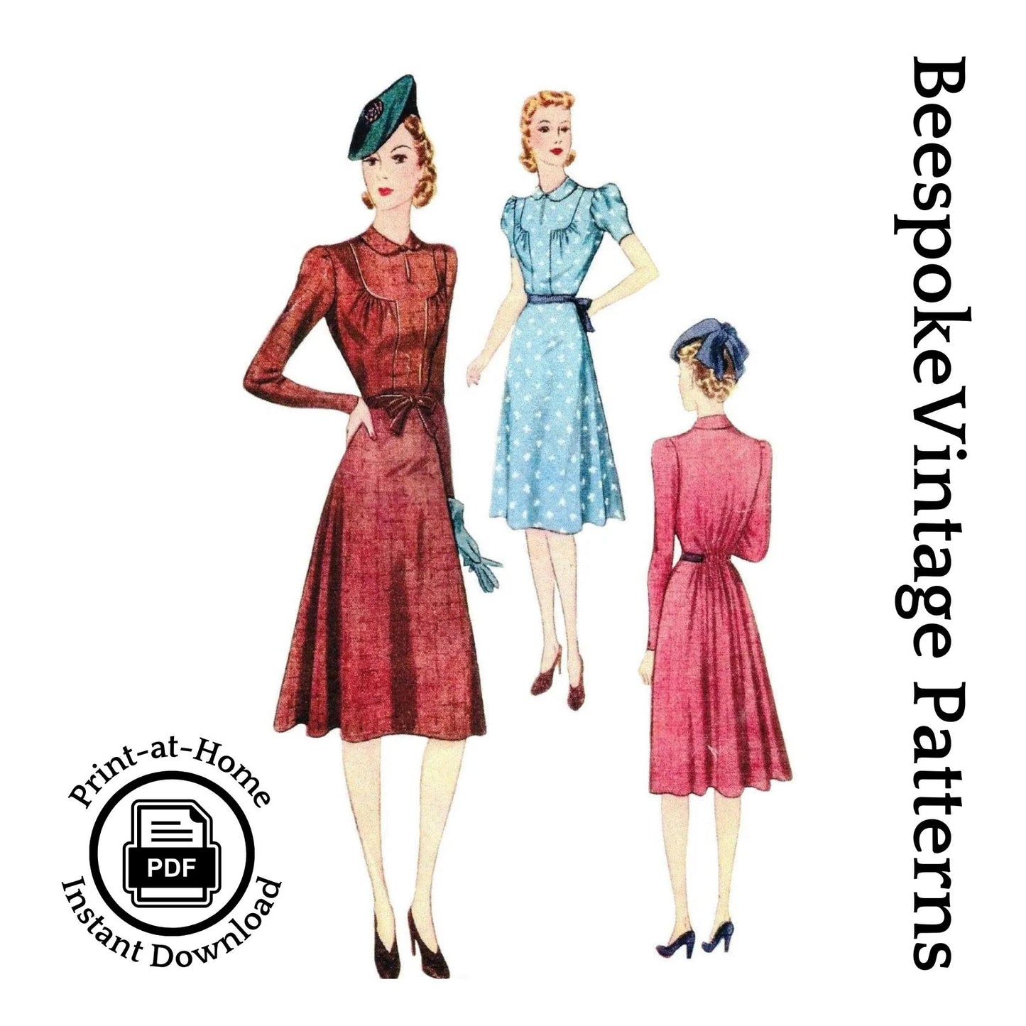 1940 Ladies Day Dress With Back Fullness - INSTANT DOWNLOAD - Reproduction Sewing Pattern #F3296 - 36 Inch Bust - PDF - Print At Home