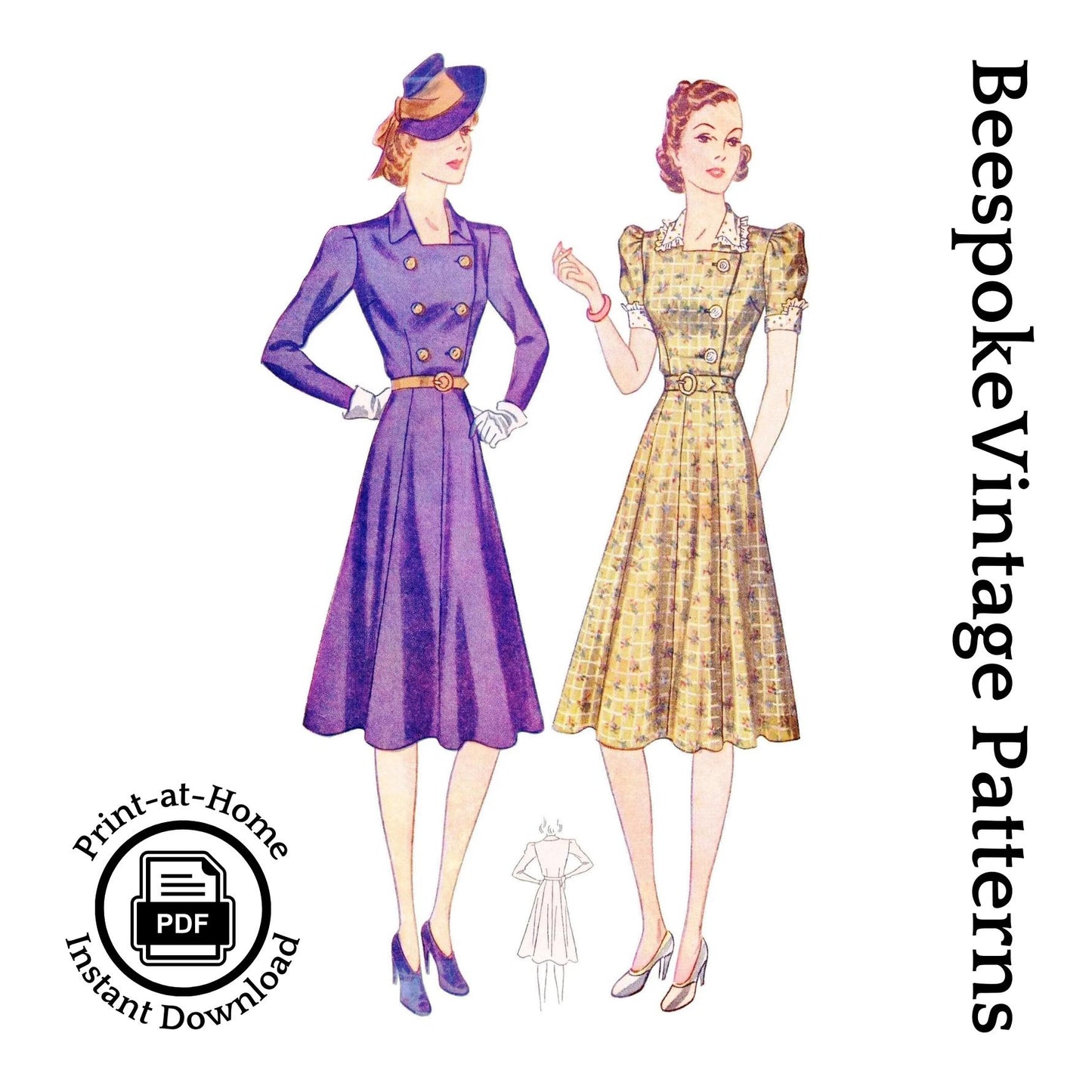 1940 Ladies Day Dress With Front Buttons - INSTANT DOWNLOAD - Reproduction Sewing Pattern #F3284 - 34 Inch Bust - PDF - Print At Home