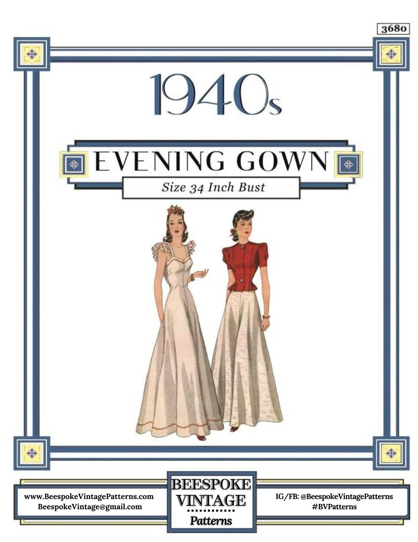 1940 Ladies Evening Gown with Jacket - INSTANT DOWNLOAD - Reproduction 1941 Sewing Pattern #F3680 - 34 Inch Bust - Print At Home - PDF