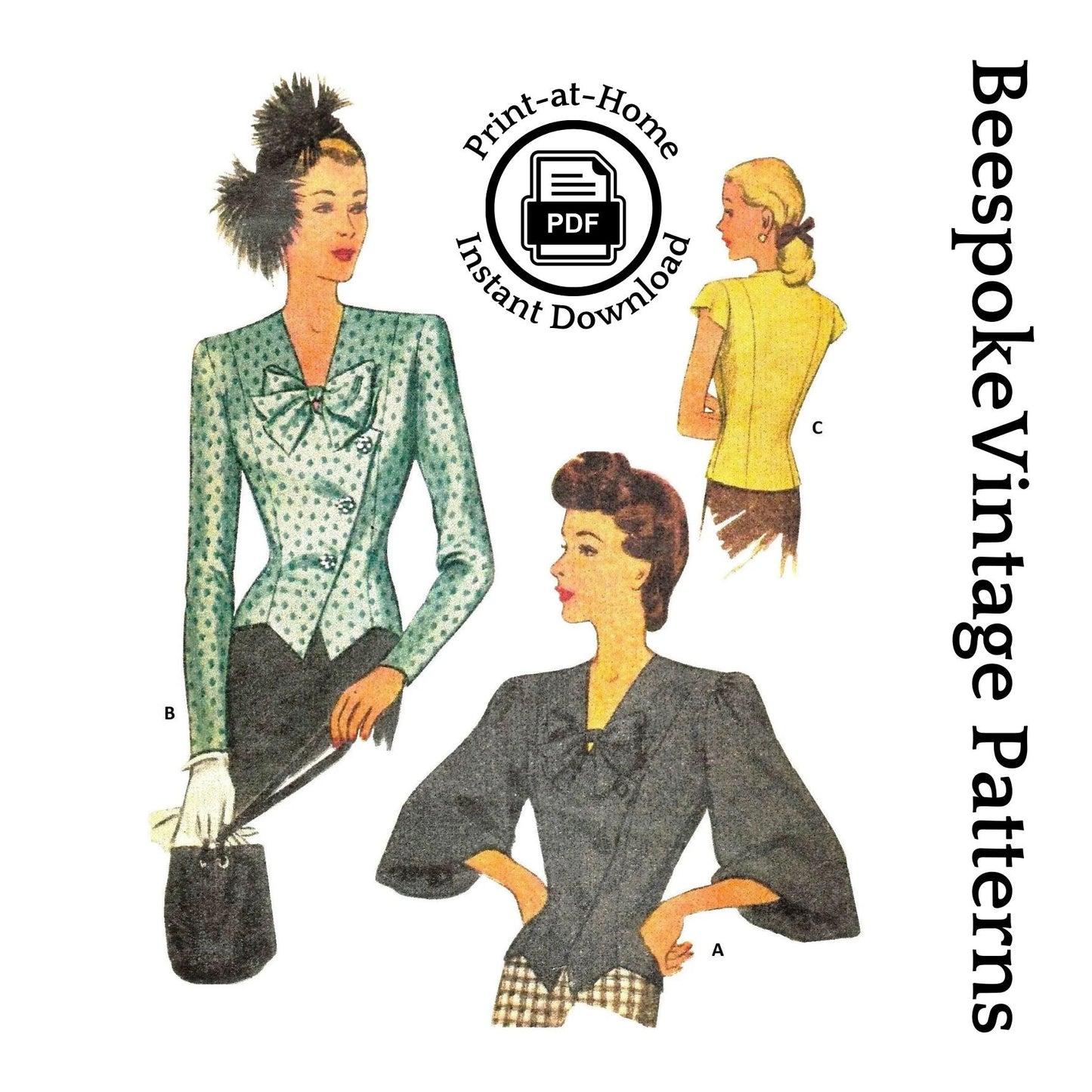 1940s Ladies Blouse With Three Sleeve Options - INSTANT DOWNLOAD - Reproduction 1946 Sewing Pattern #F6636 -36 Inch Bust - PDF-Print At Home
