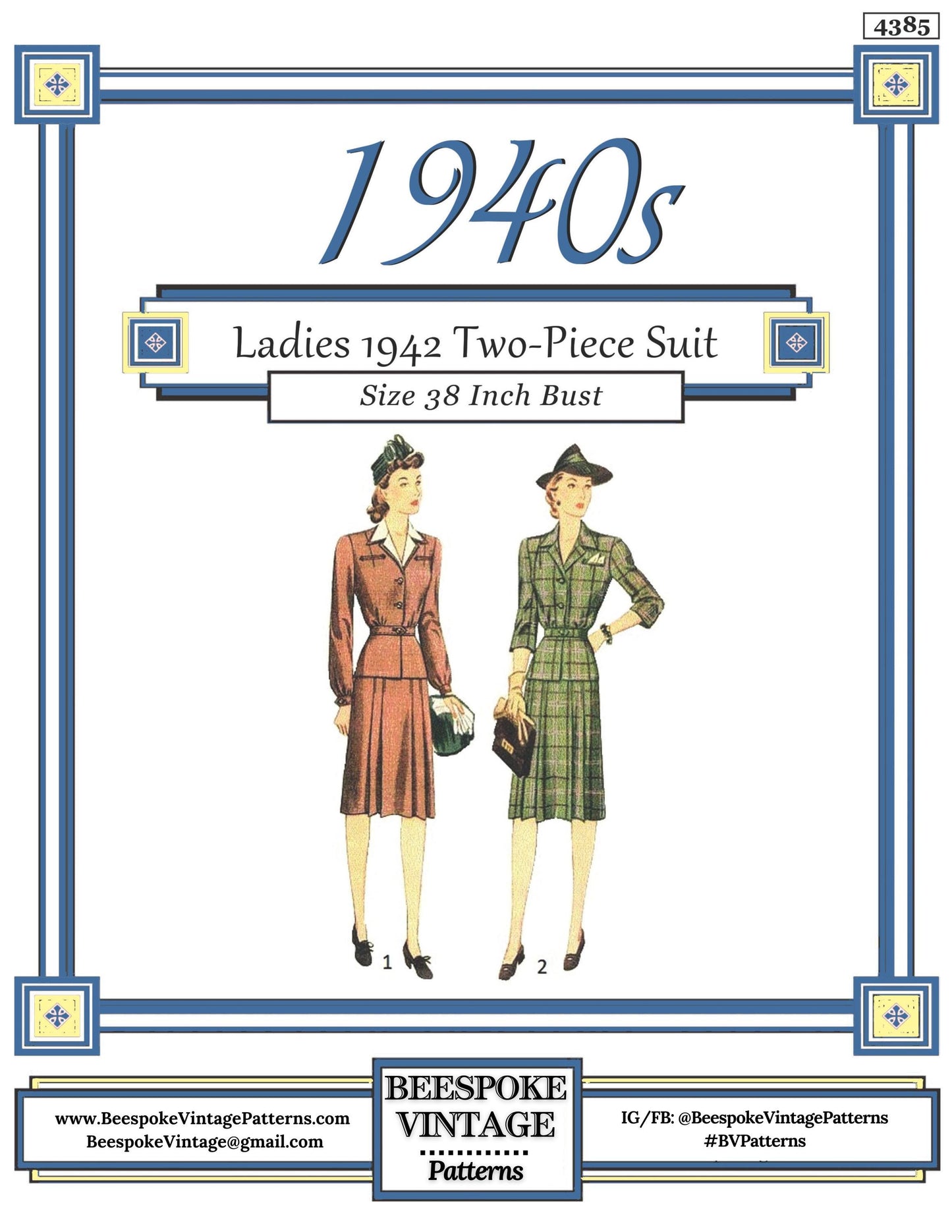 1940s Ladies Two Piece Suit Dress - INSTANT DOWNLOAD - Reproduction 1942 Sewing Pattern #F4385 - 38 Inch Bust - PDF - Print At Home