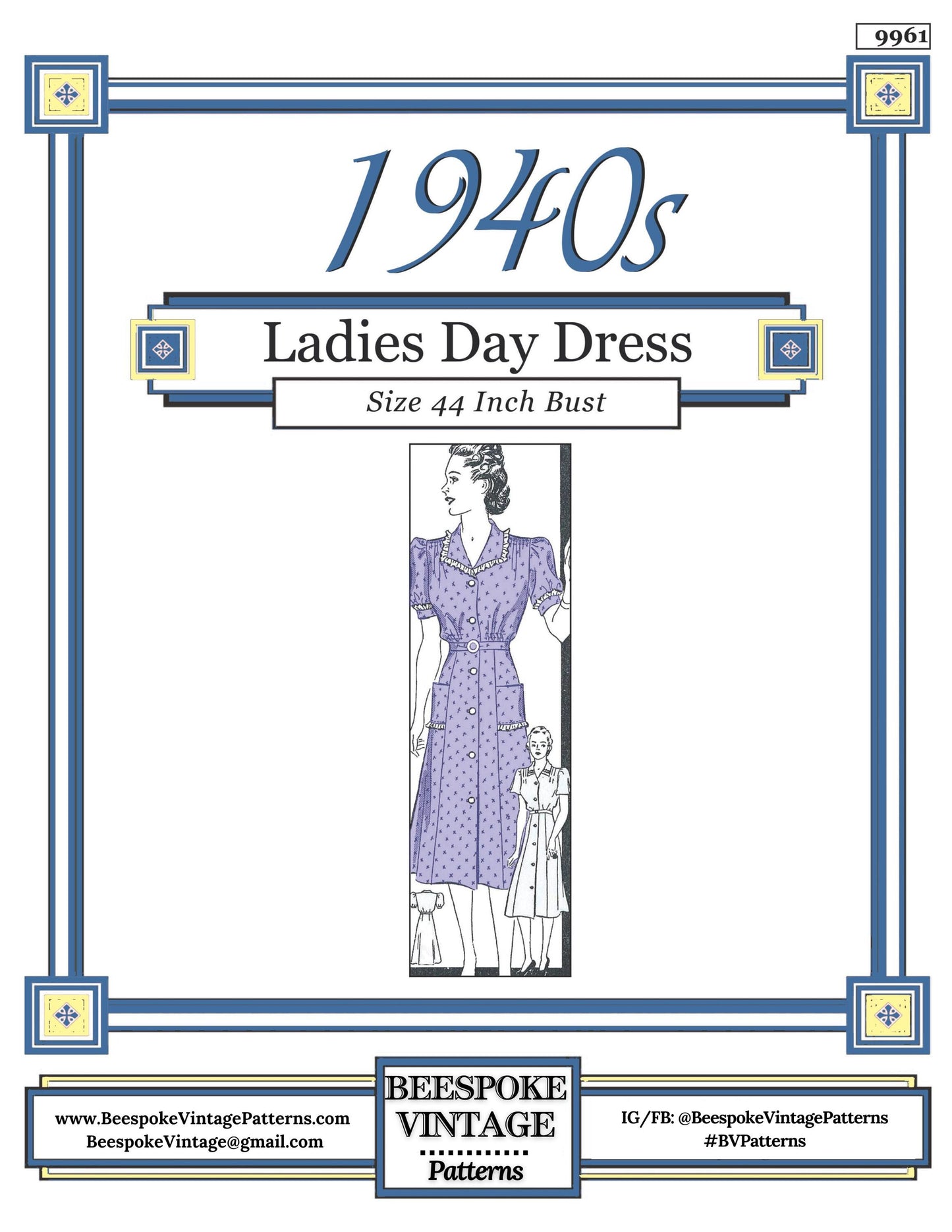 1940s Ladies Day Dress with Optional Detailing - INSTANT DOWNLOAD - Reproduction Sewing Pattern #F9961 - 44 Inch Bust - PDF - Print At Home