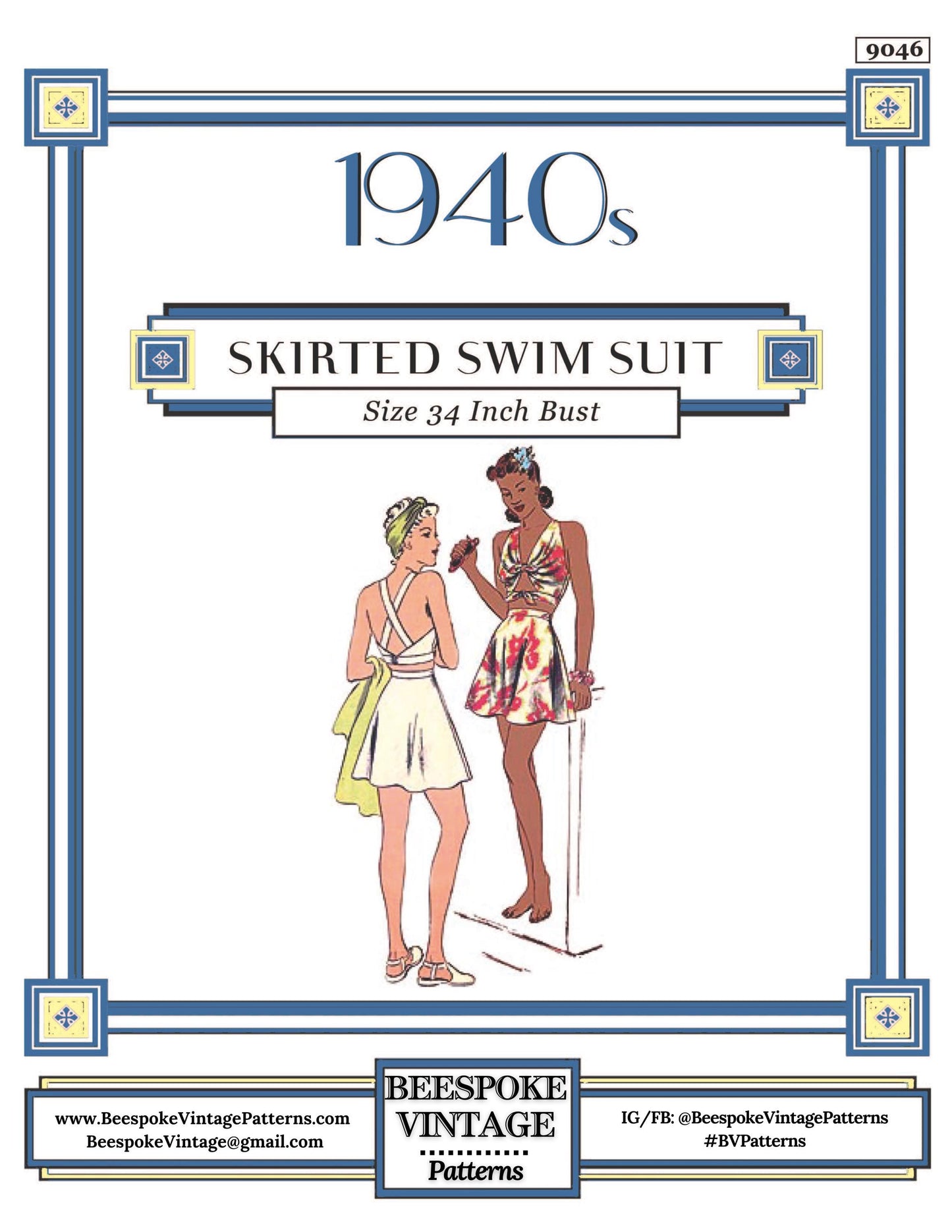 1940s Ladies Skirted Bathing Suit - INSTANT DOWNLOAD - Reproduction 1941 Sewing Pattern #F9046 - 34 Inch Bust - PDF - Print at Home