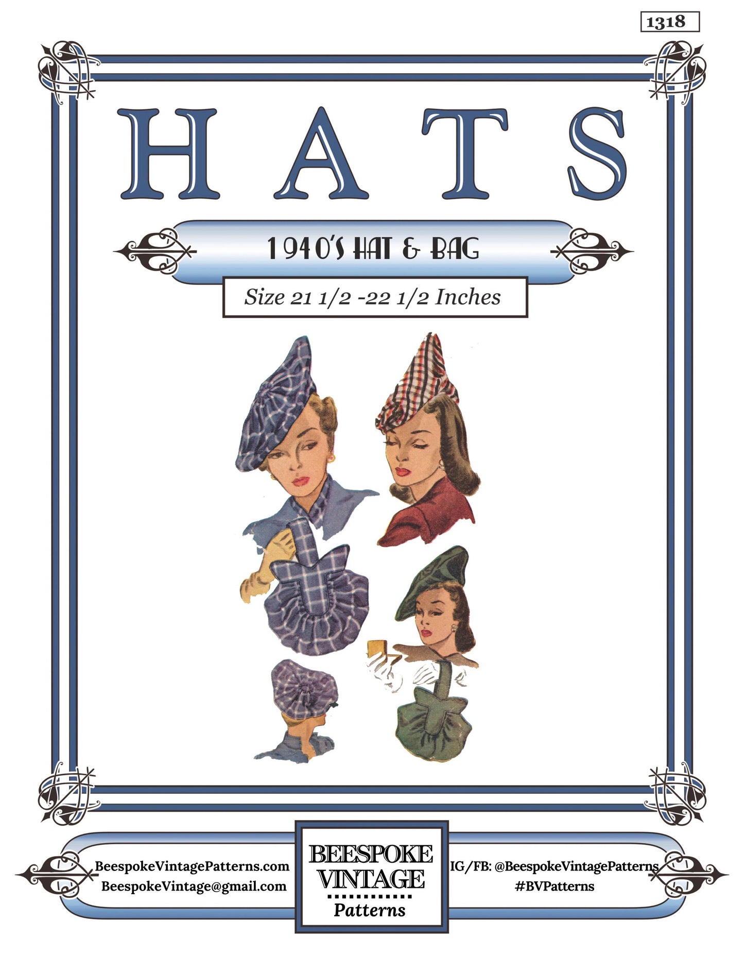 1940s Ladies Hats and Purses - INSTANT DOWNLOAD - Reproduction 1947 Sewing Pattern #H1318 -PDF- Print at Home