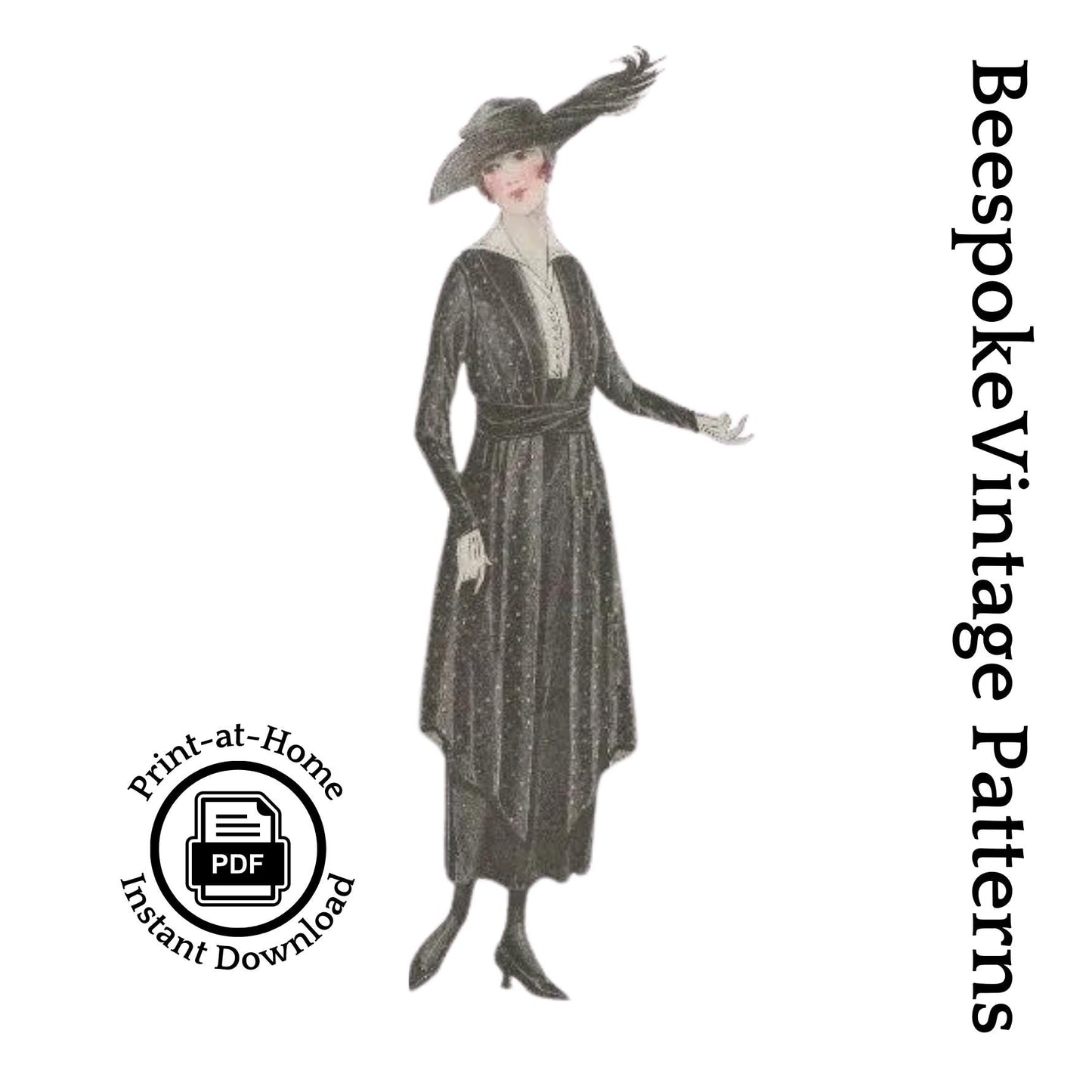 1918 Late Edwardian Dress With Plain or Skirted Tunic -INSTANT DOWNLOAD- Pattern #E7603 -36 Inch Bust- PDF-Print At Home