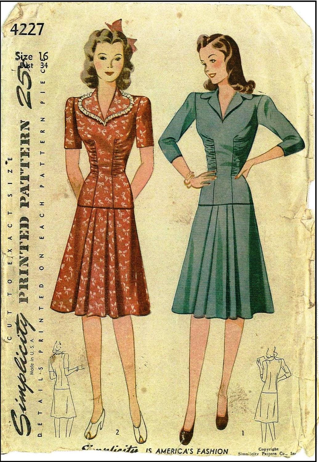 1940s Ladies Two Piece Day Dress - INSTANT DOWNLOAD - Reproduction 1941 Sewing Pattern #F4227 - 34 Inch Bust - PDF - Print At Home