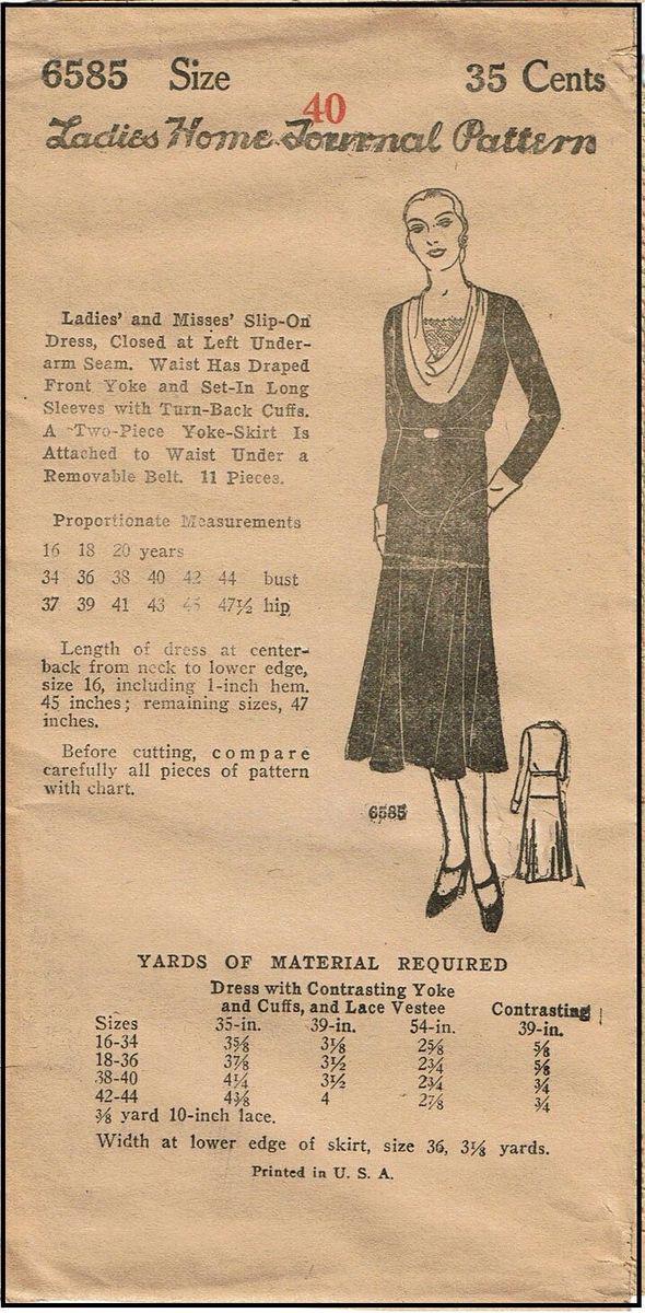 1930 Ladies Dress with Cowl Neckline - Pattern #T6585 - Multi Sized Format