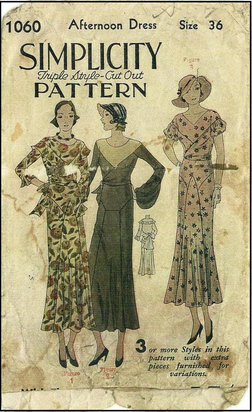 1930s Ladies Afternoon Dress In Three Styles - INSTANT DOWNLOAD - Reproduction 1932 Sewing Pattern #T1060 - 36 Inch Bust -PDF- Print At Home