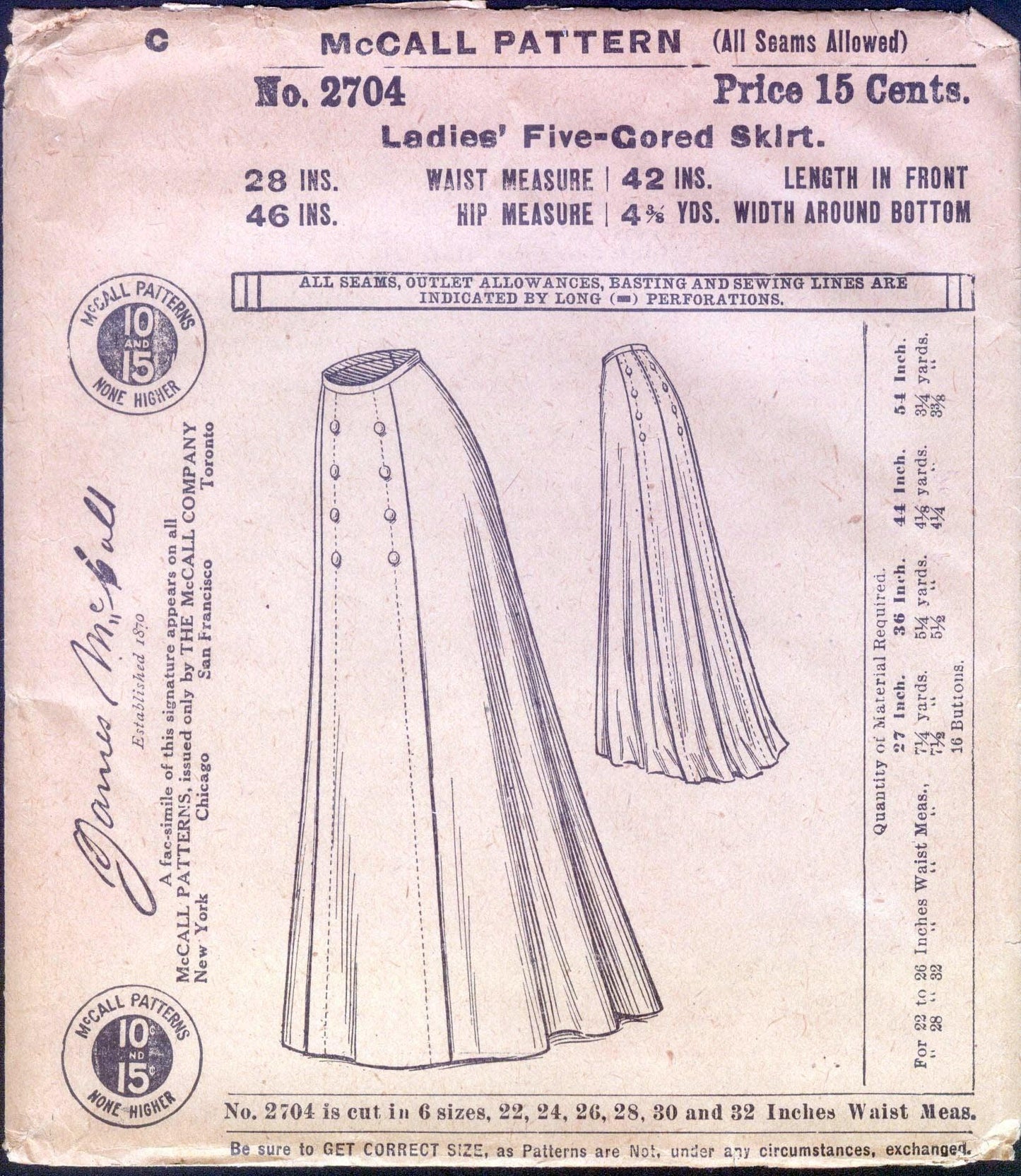 1909 Ladies Five Gore Skirt In Sweep or Round Length - INSTANT DOWNLOAD - Edwardian Pattern #E2704 - 28 Inch Waist - PDF