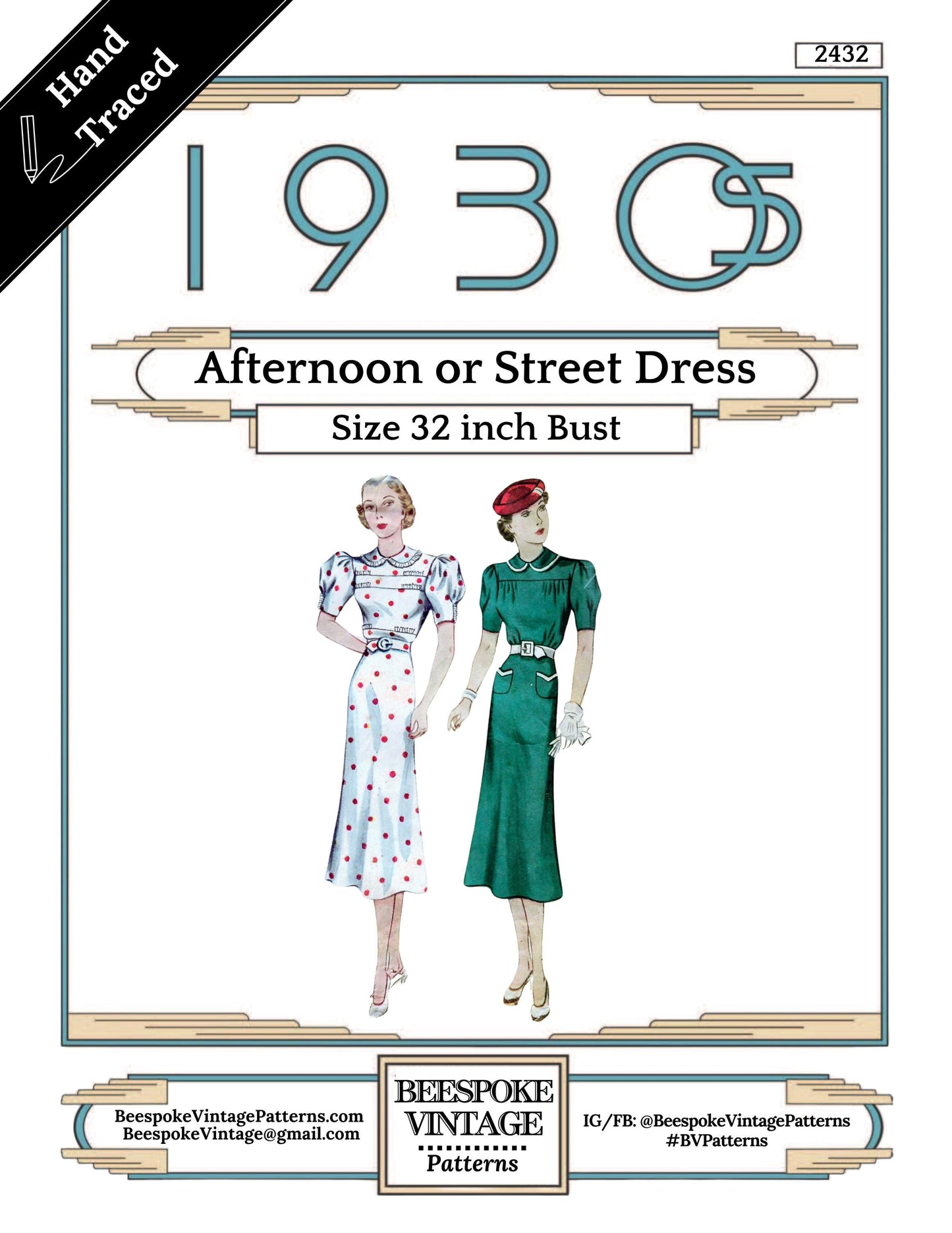 1930s Puffed Sleeve Tucked Front Dress Reproduction Vintage Pattern #2432 - Bust 32" PDF Print-At-Home