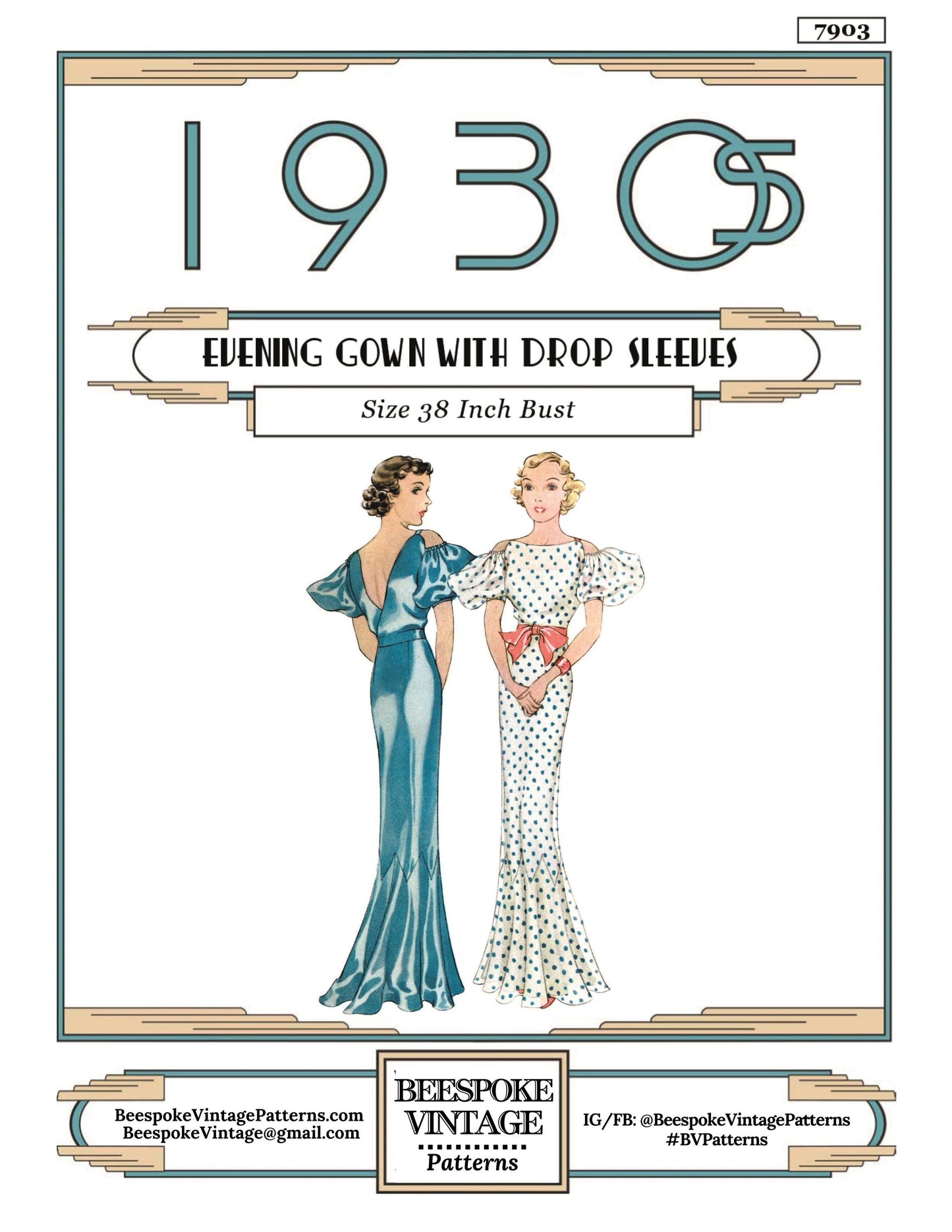 1930s Ladies Evening Gown With Drop Sleeves - INSTANT DOWNLOAD - Reproduction 1934 Sewing Pattern #T7903 - 38 Inch Bust -PDF - Print At Home