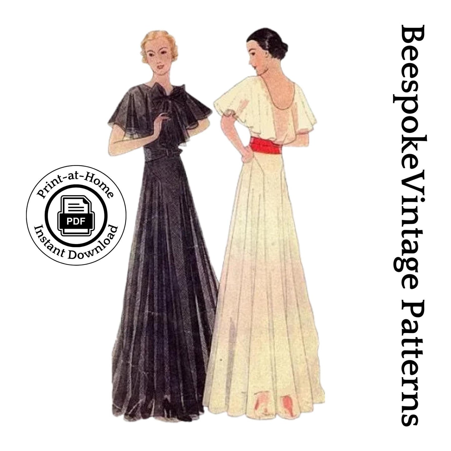 1930s Ladies Evening Gown With Capelet - INSTANT DOWNLOAD - Print Shop Only - Reproduction 1933 Sewing Pattern #T7292 - 38 Inch Bust - PDF