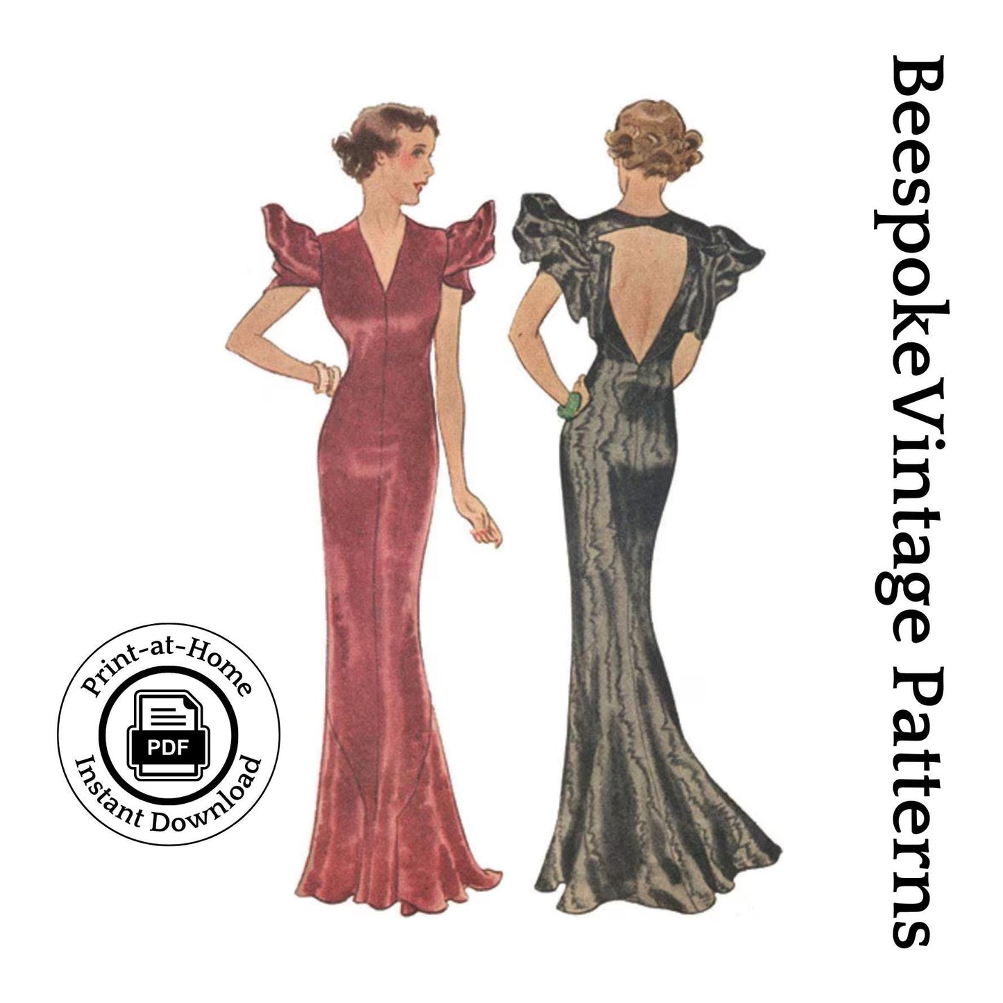 1930s Ladies Evening Gown With Pleated Sleeves - INSTANT DOWNLOAD - Reproduction 1934 Sewing Pattern #T8079 - 36 In Bust - PDF-Print At Home