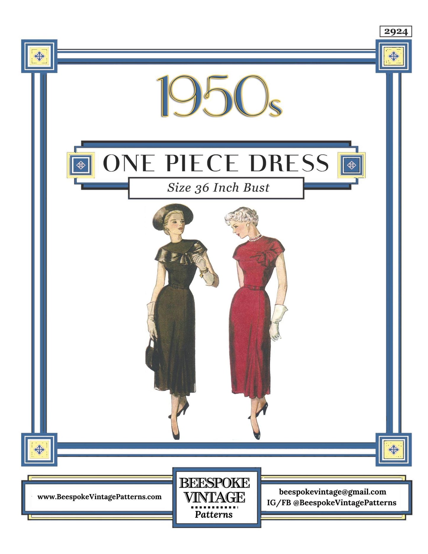 1940s Ladies Dress with Drape - INSTANT DOWNLOAD - Reproduction 1949 Sewing Pattern #F2924 - 36 Inch Bust - PDF - Print At Home
