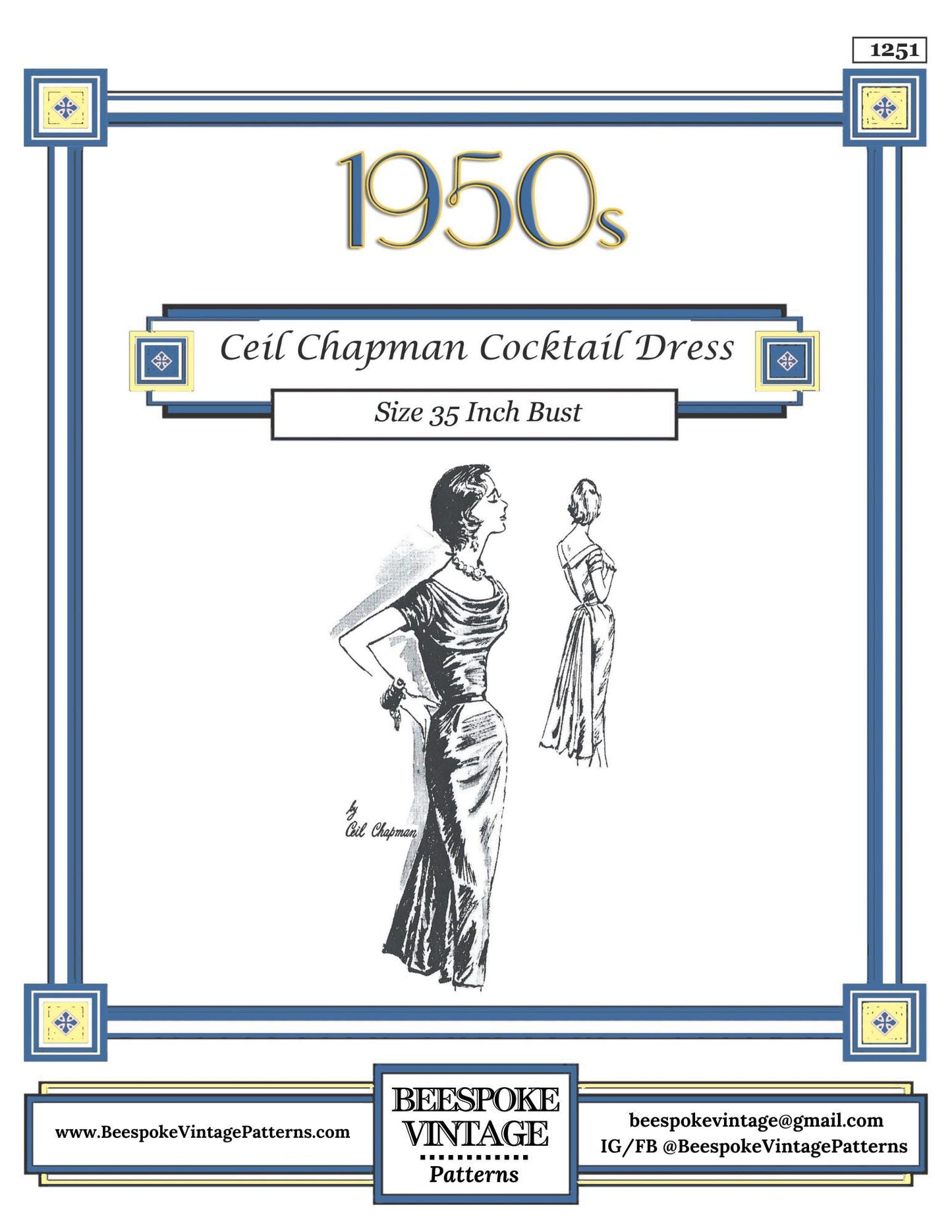 1950s Ladies Ceil Chapman Formal Dress - Reproduction 1958 Sewing Pattern #F1251 - 35 Inch Bust