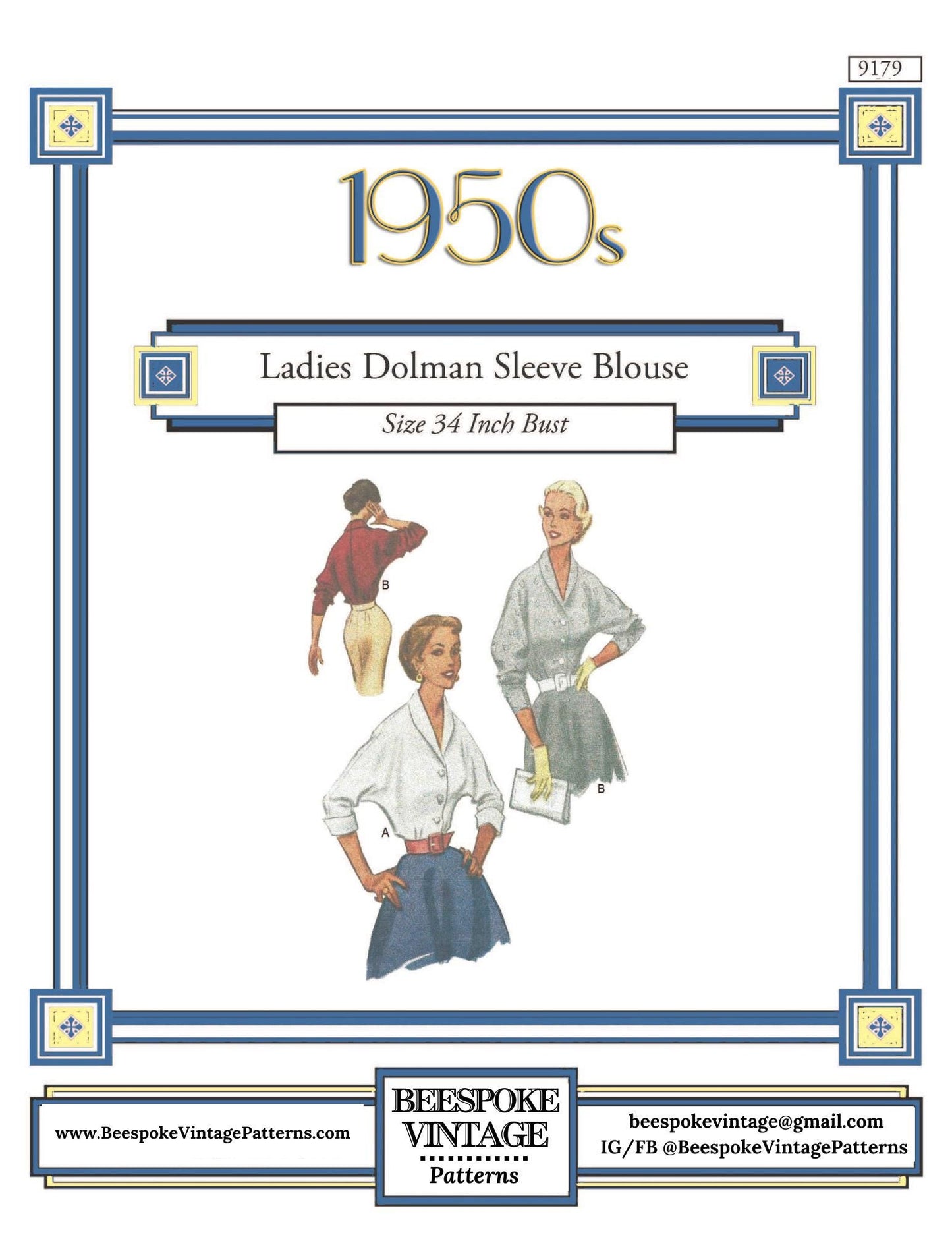 1950s Ladies Dolman Sleeve Blouse - Reproduction 1952 Sewing Pattern #F9179 - 34 Inch Bust